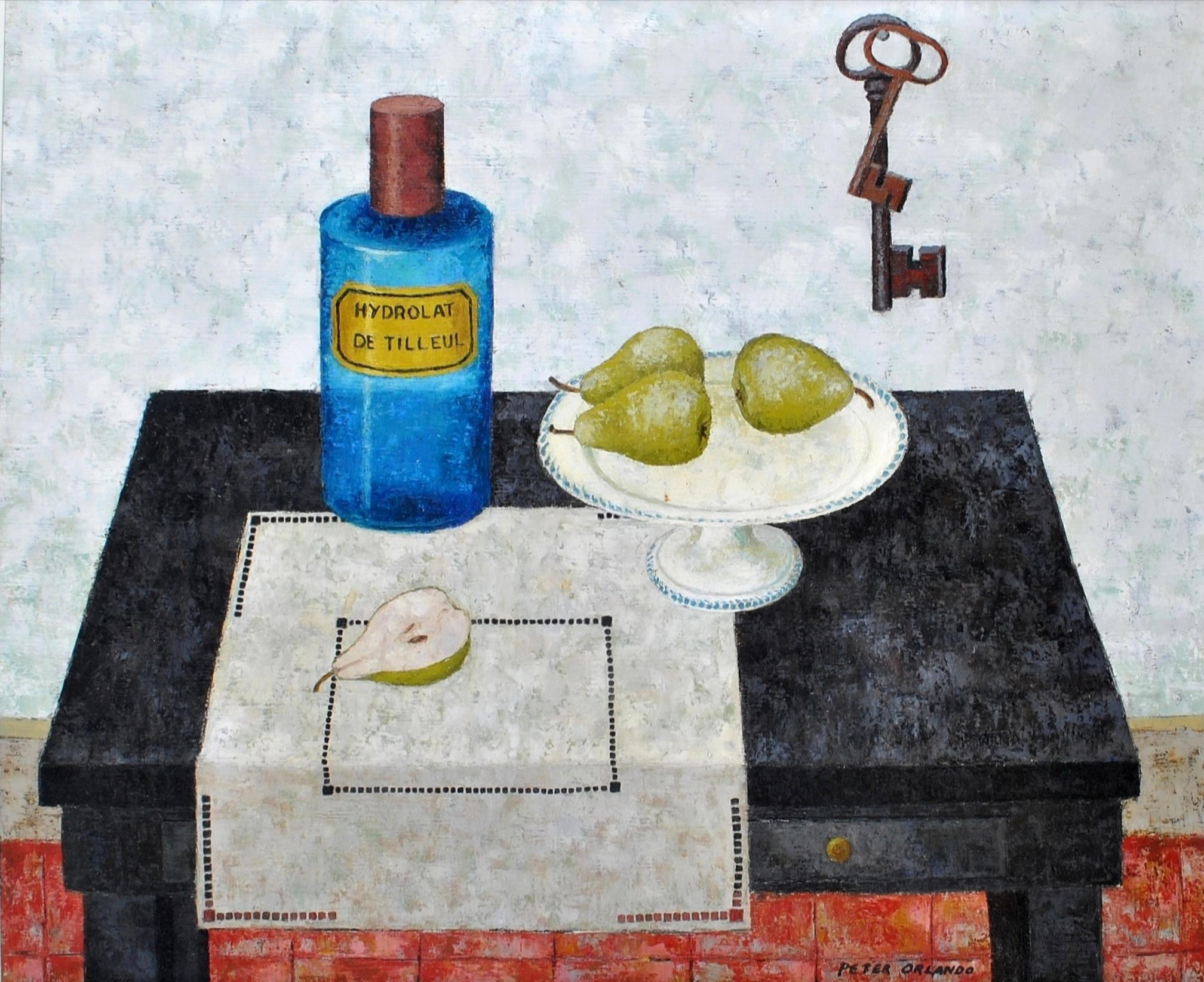 Birnen und blaue Apothekerflasche - großes französisches Naïf-Ölgemälde aus der Mitte des 20. – Painting von Peter Orlando 