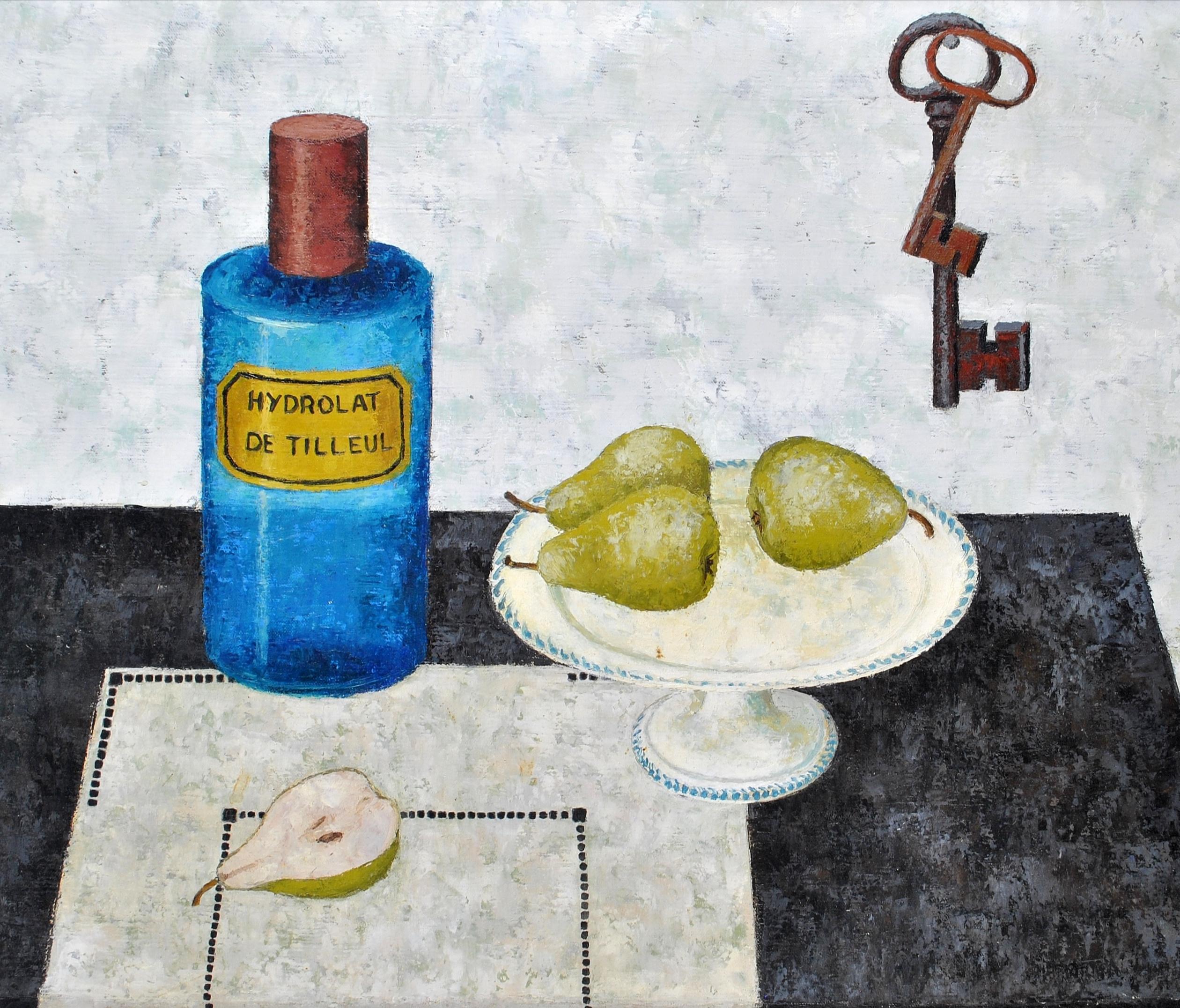 Birnen und blaue Apothekerflasche - großes französisches Naïf-Ölgemälde aus der Mitte des 20. (Grau), Still-Life Painting, von Peter Orlando 