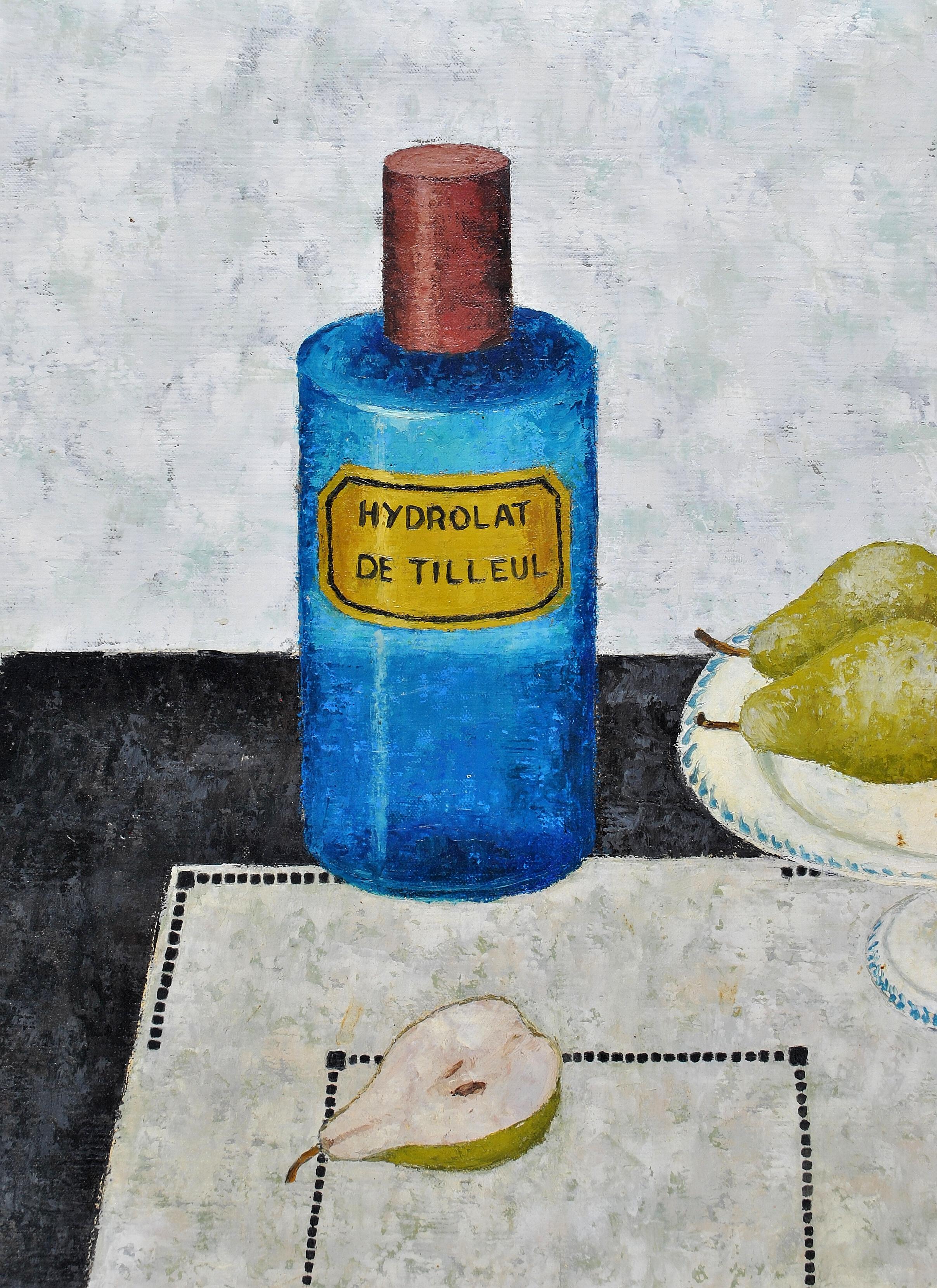 Ein hervorragendes großes französisches Stillleben aus den 1950er Jahren in Öl auf Leinwand, das Birnen und eine blaue Apothekerflasche auf einem Tisch von Peter Orlando zeigt. 

Interessantes Sujet im typischen französischen Naïf-Stil aus der Mitte