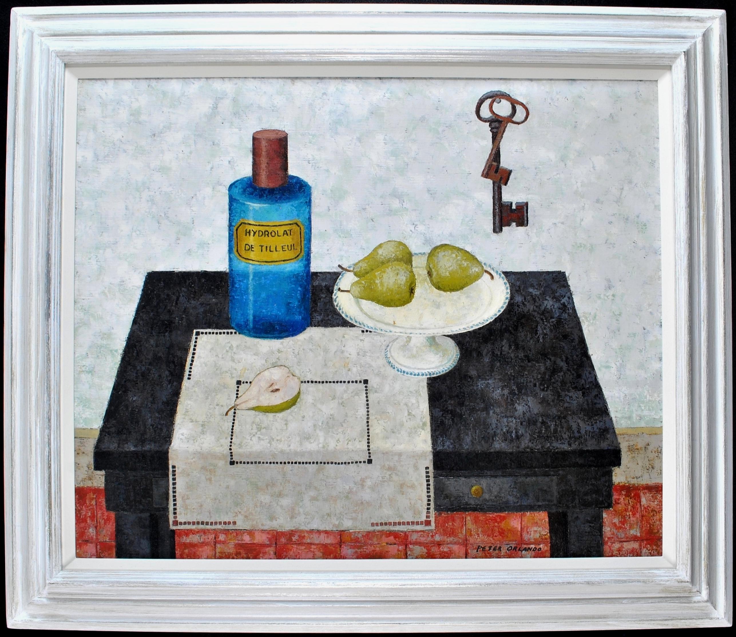 Peter Orlando  Still-Life Painting – Birnen und blaue Apothekerflasche - großes französisches Naïf-Ölgemälde aus der Mitte des 20.