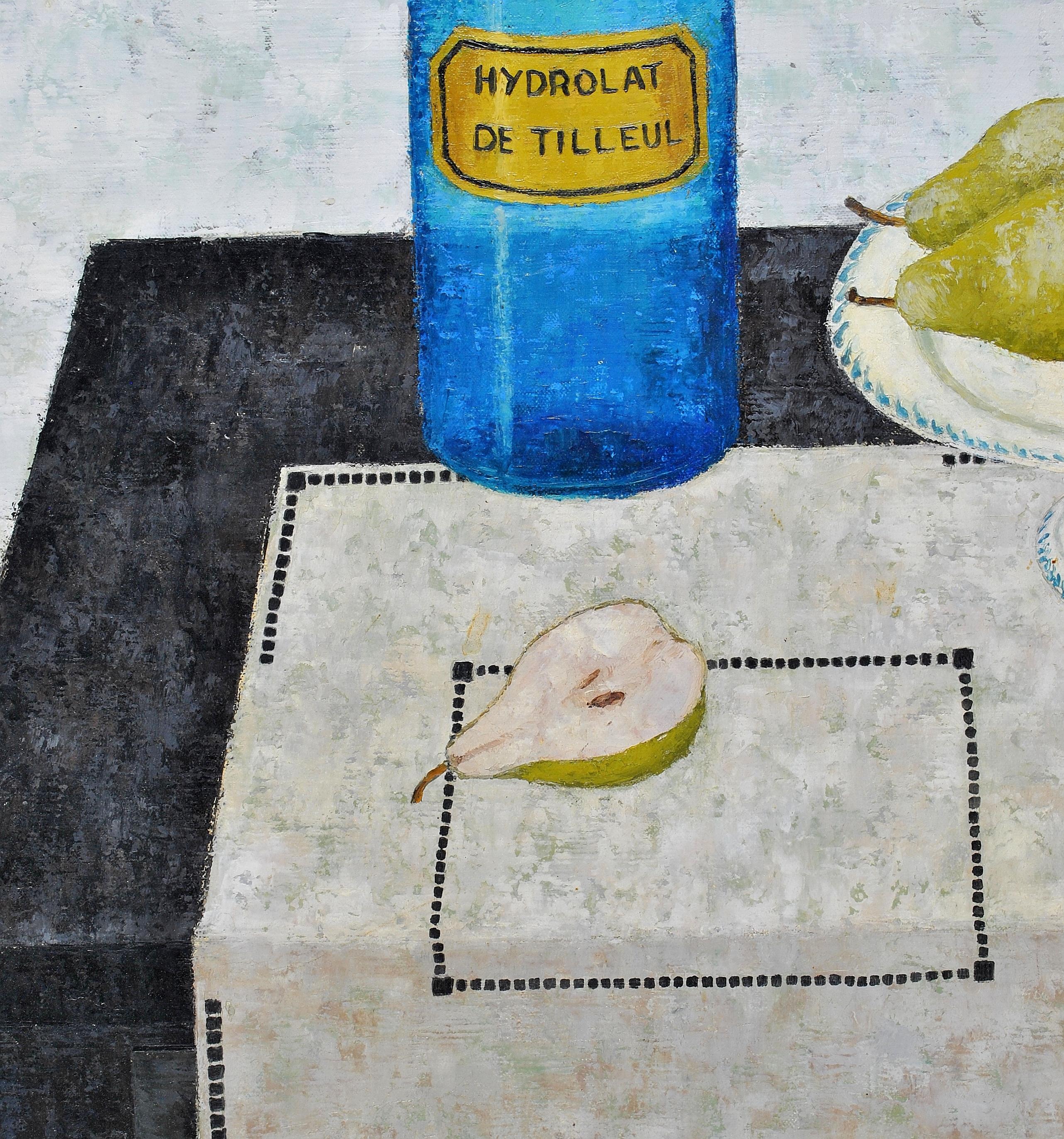 A superb large 1950's French oil on canvas still life depicting pears and a blue apothecary bottle on a table by Peter Orlando. 

Interesting subject painted in the distinctive mid 20th century French Naïf style by a noted artist who has a museum