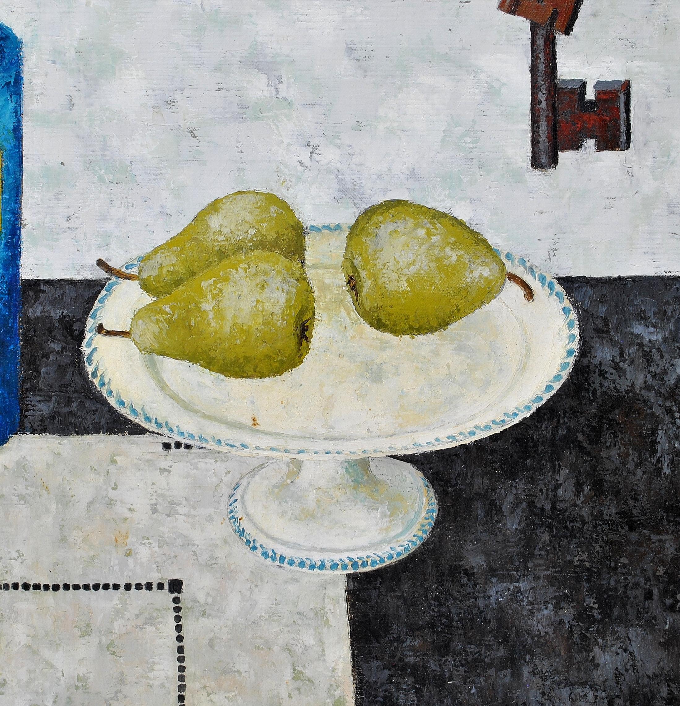Pears & Blue Apothecary Bottle - Large Mid 20th Century French Naïf Oil Painting For Sale 2