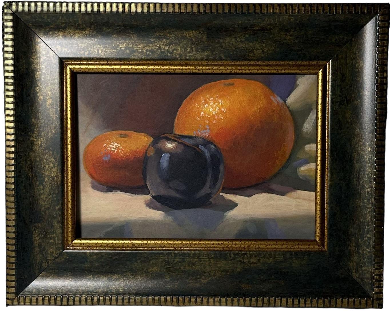 A moody and masterful still life by listed artist Peter Orrock, featuring three pieces of fruit rendered with rich detail and subtle drama. The composition captures the quiet beauty of everyday objects, elevated through Orrock’s distinct brushwork