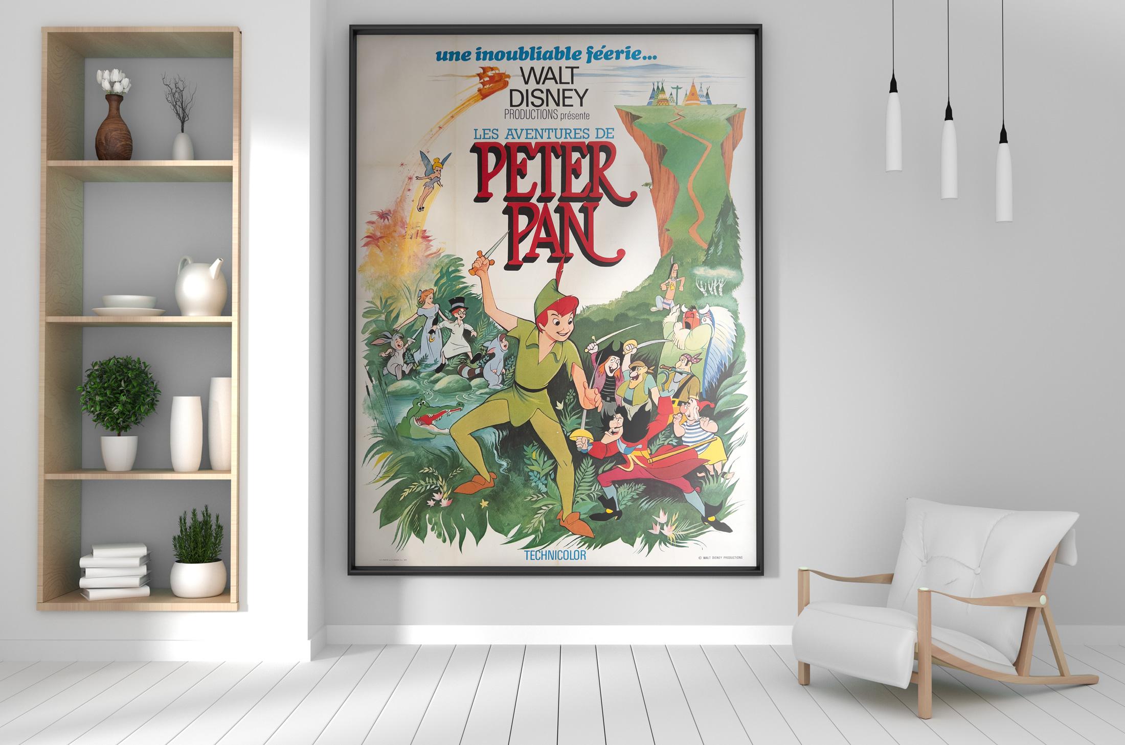 We love this charming original French film poster for 1970s re-release of Disney classic Peter Pan. A wonderful poster in fabulous condition.

This vintage movie poster was folded (as issued) but has been professionally linen-backed and is sized