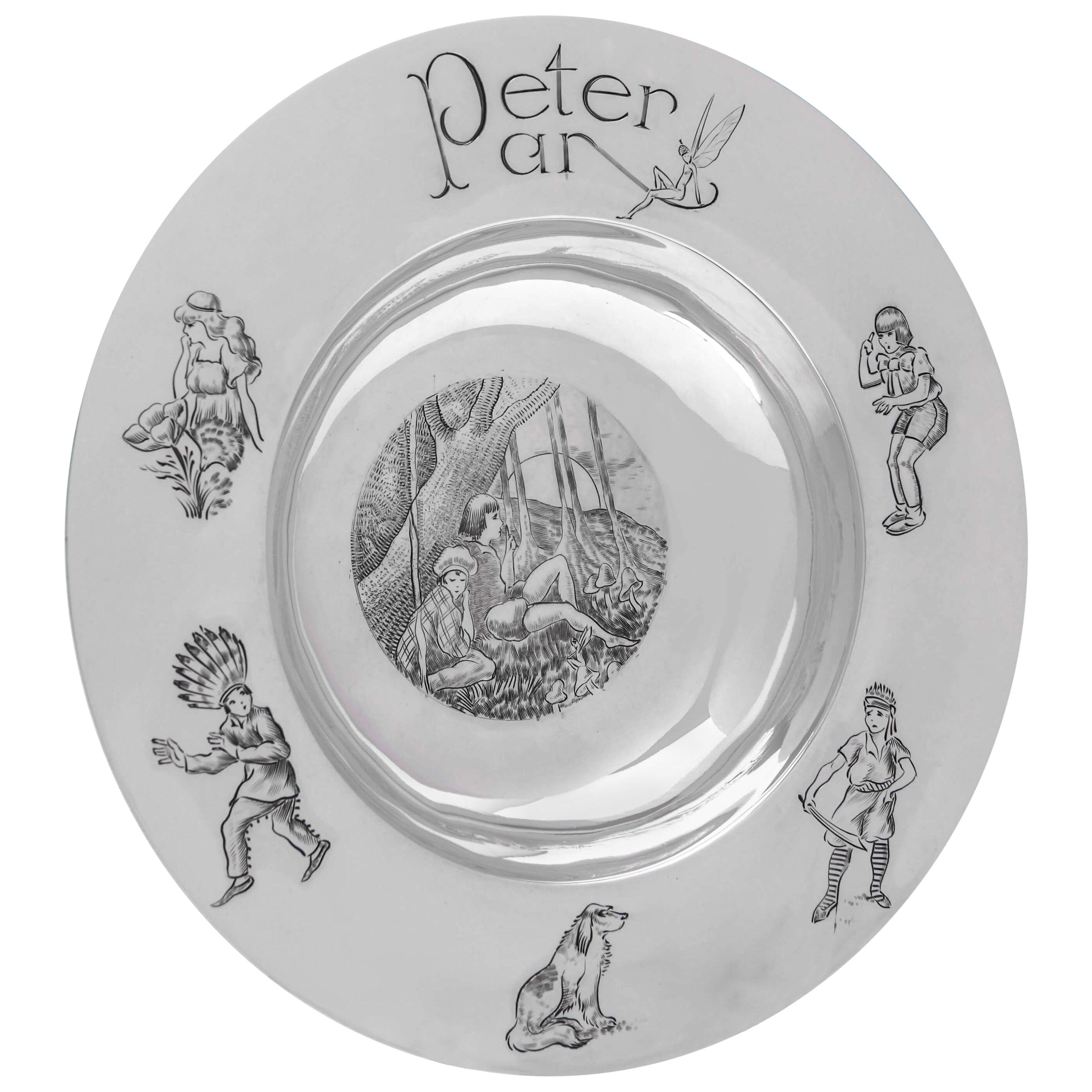 Peter Pan Engraved Sterling Silver Armada Dish by R. E. Stone For Sale