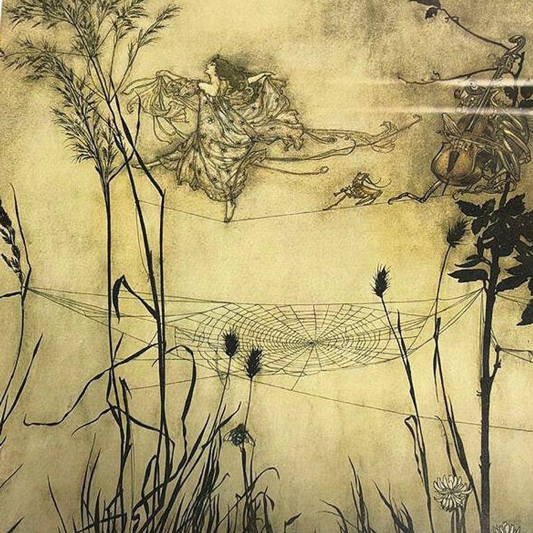 Inizio XX secolo Le fate di Peters sono squisite ballerine Stampa litografica Arthur Rackham con cornice in vendita