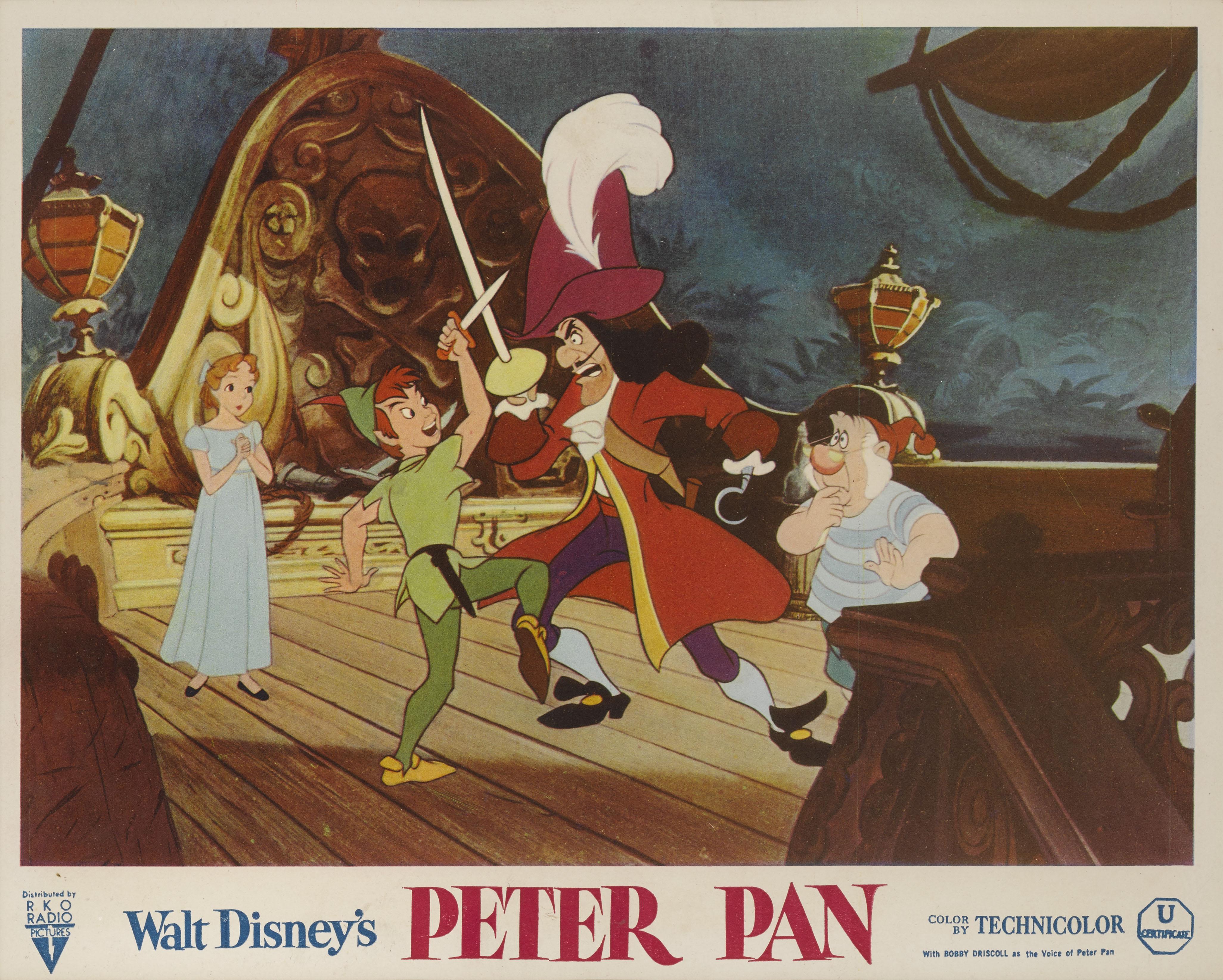 Original British Front of house still for Peter Pan Walt Disney's 1953 animation.
This piece would have been used to advertise the film inside the cinema foyer. 
This film by Walt Disney was based on the play Peter Pan, or The Boy Who Wouldn't