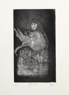 Girl and Cat, Surrealist Signed Etching by Peter Paone