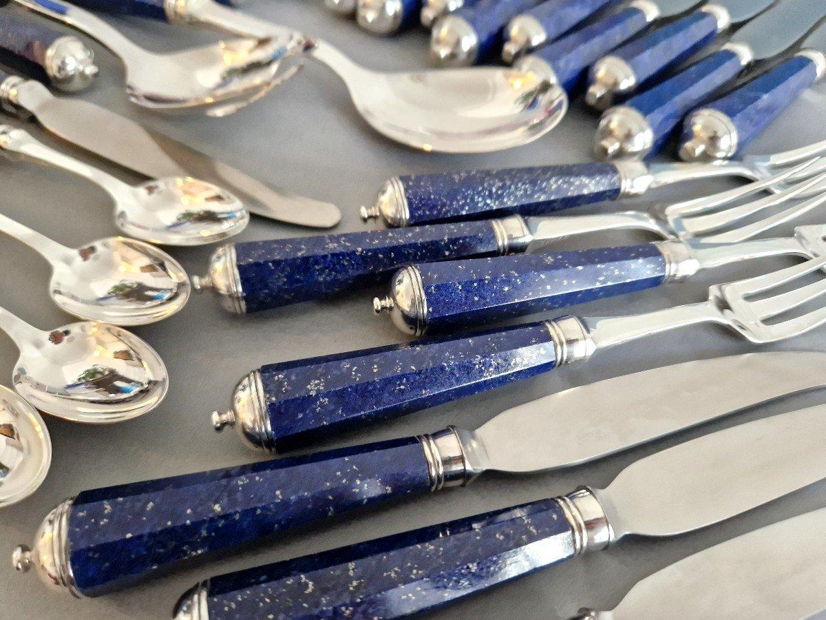 French Peter Paris - Cutlery Flatware Set Of 51 Pieces In Sterling Silver & Lapis Laz For Sale
