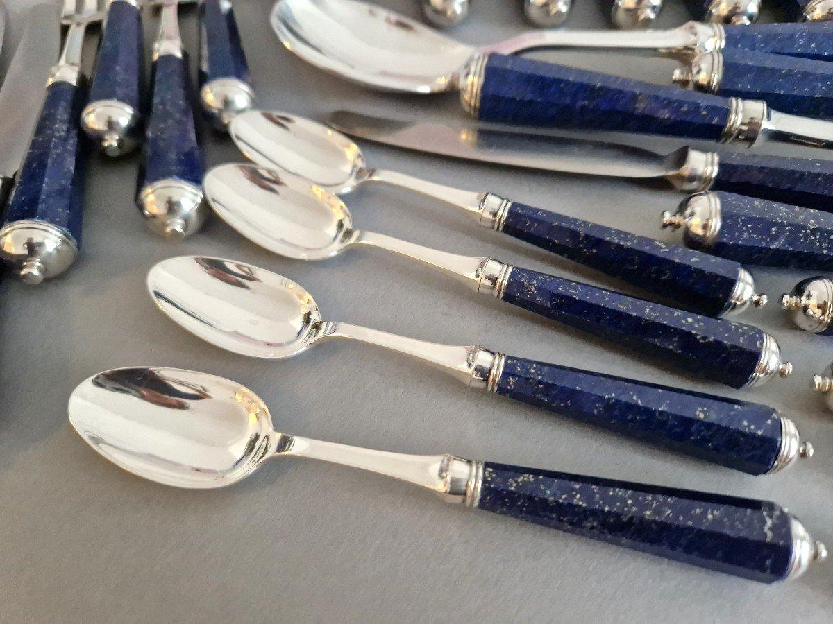 Peter Paris - Cutlery Flatware Set Of 51 Pieces In Sterling Silver & Lapis Laz In Excellent Condition For Sale In Saint-Ouen, FR