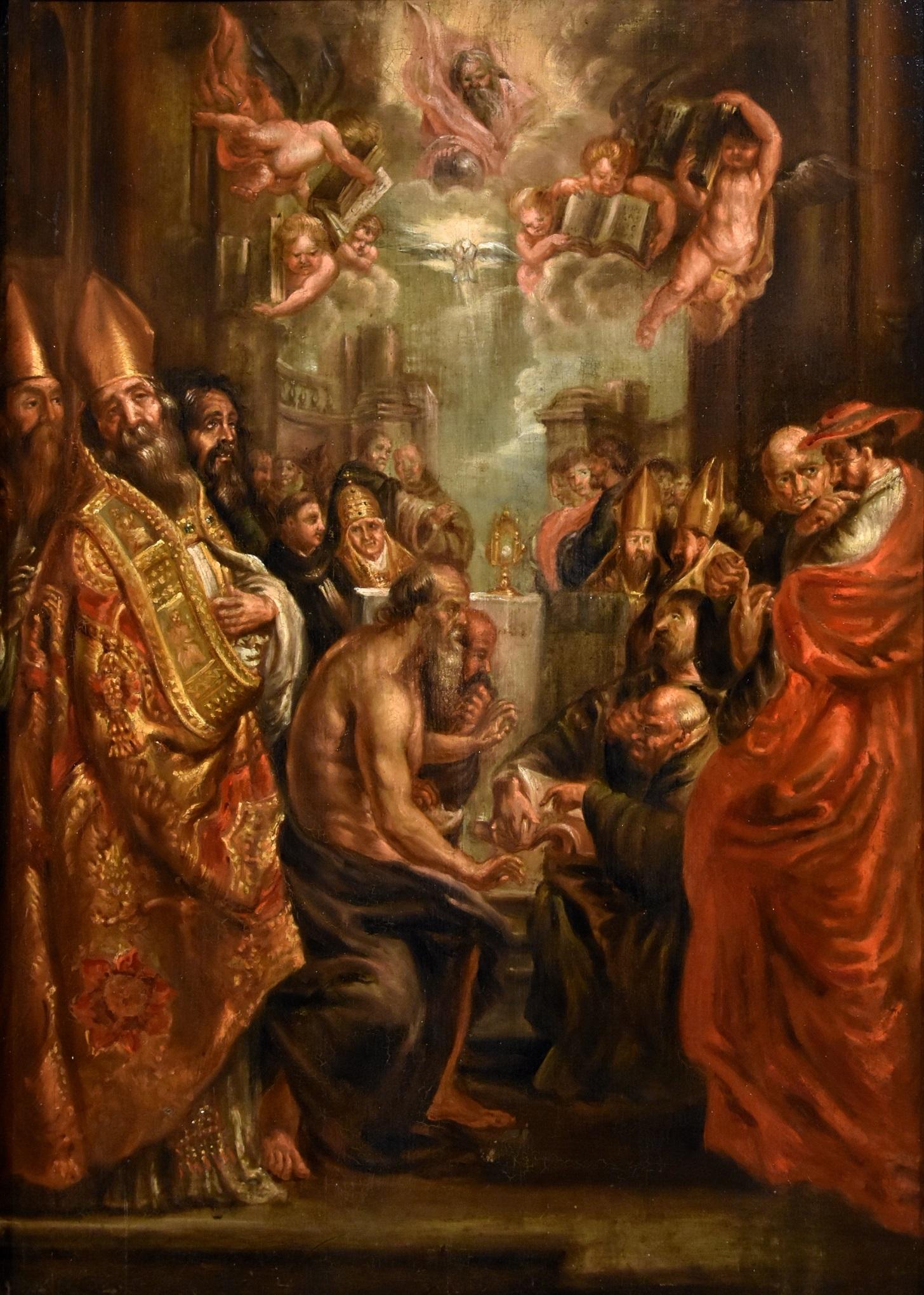 Dispute On The Eucharist Rubens Paint Old master Oil on table 17th Century Italy - Painting by Peter Paul Rubens (Siegen 1577 - Antwerp 1640)