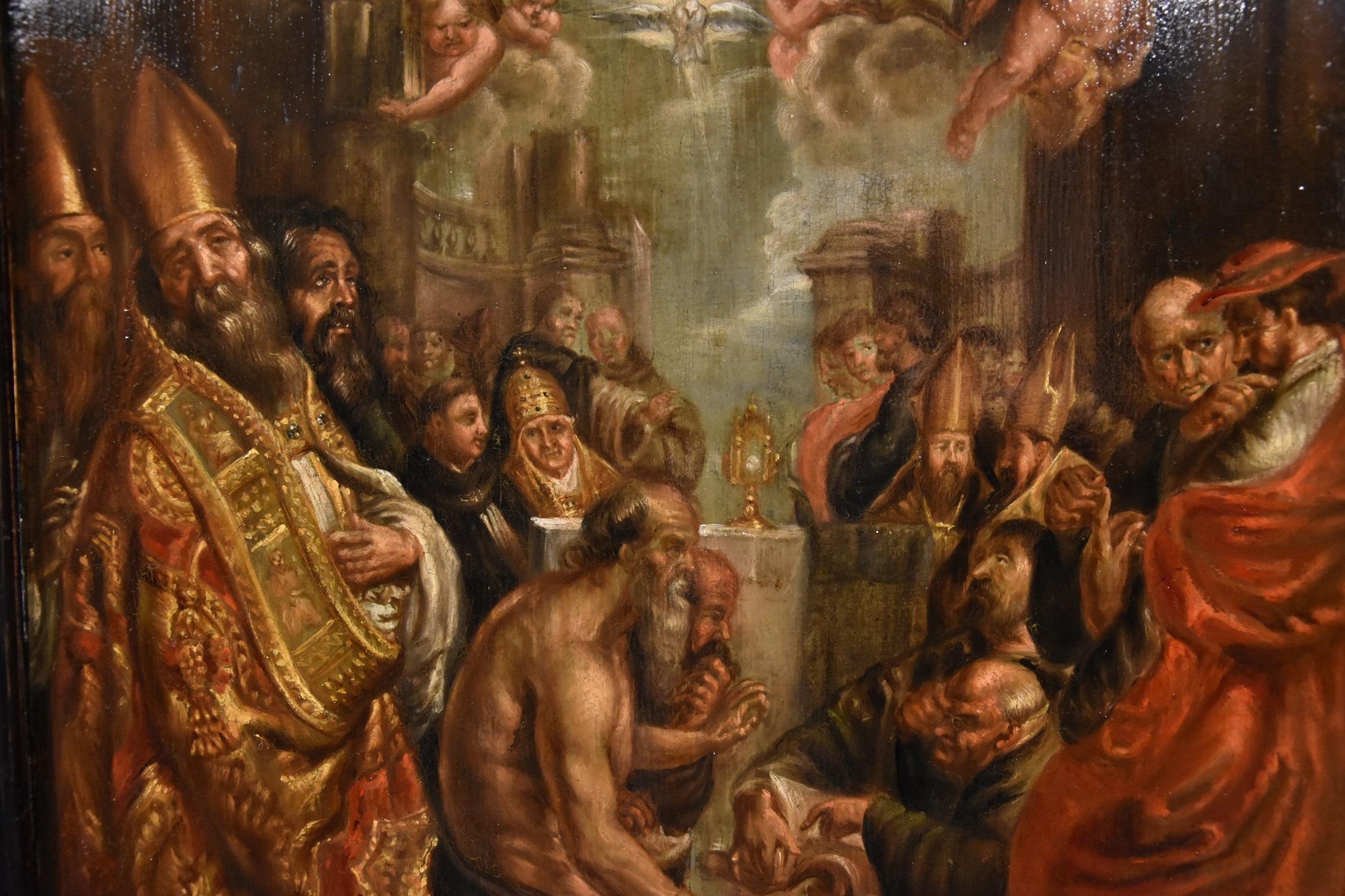 Flemish painter of the 17th century - Circle of Peter Paul Rubens (Siegen 1577 - Antwerp 1640)
Dispute on the Eucharist with the Four Fathers of the Latin Church

Oil on panel, 60 x 42 cm. - with frame 84 x 66 cm.

The painting, depicting the