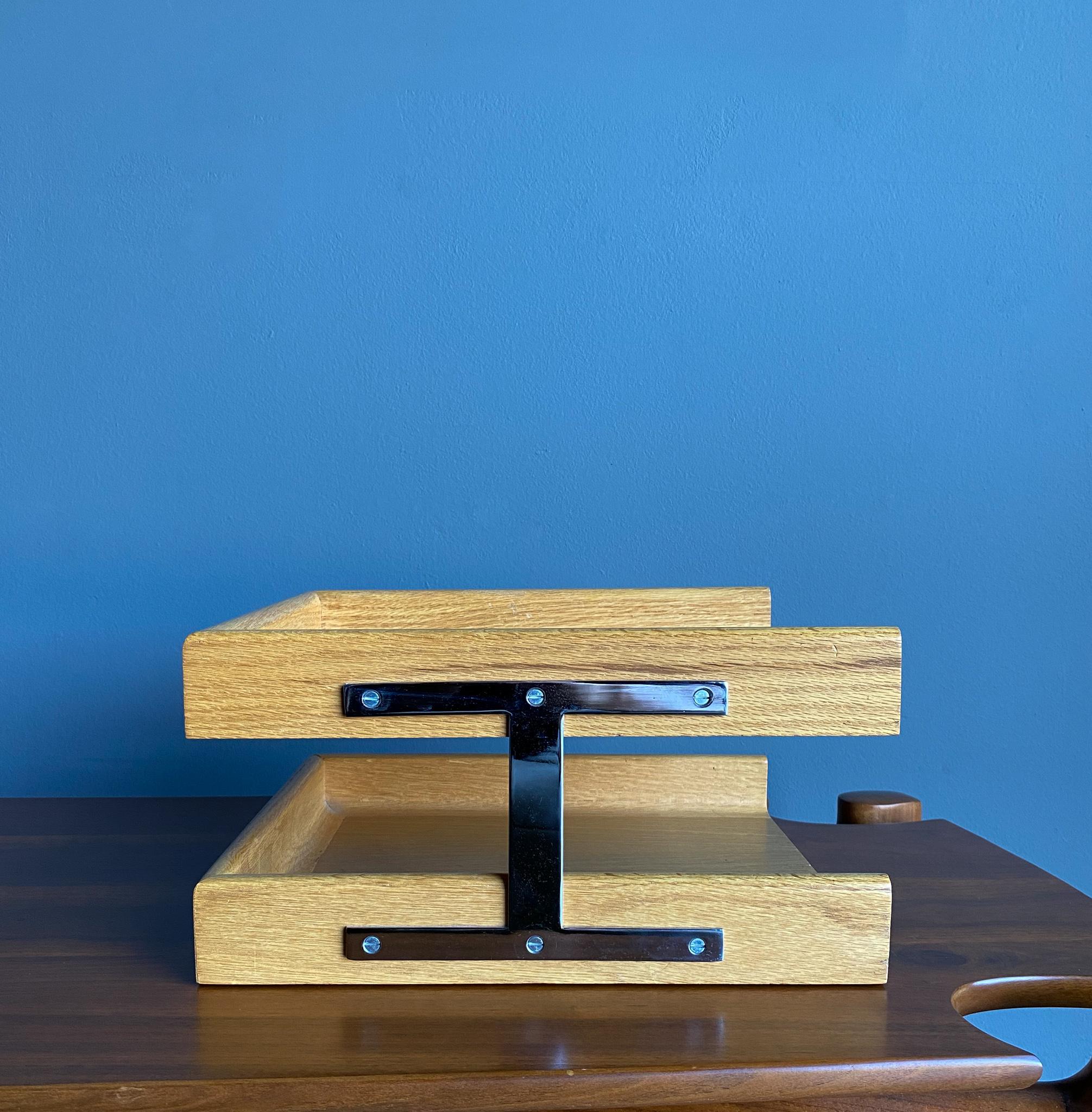 Peter Pepper Oak & Chrome Letter Tray, circa 1970 1