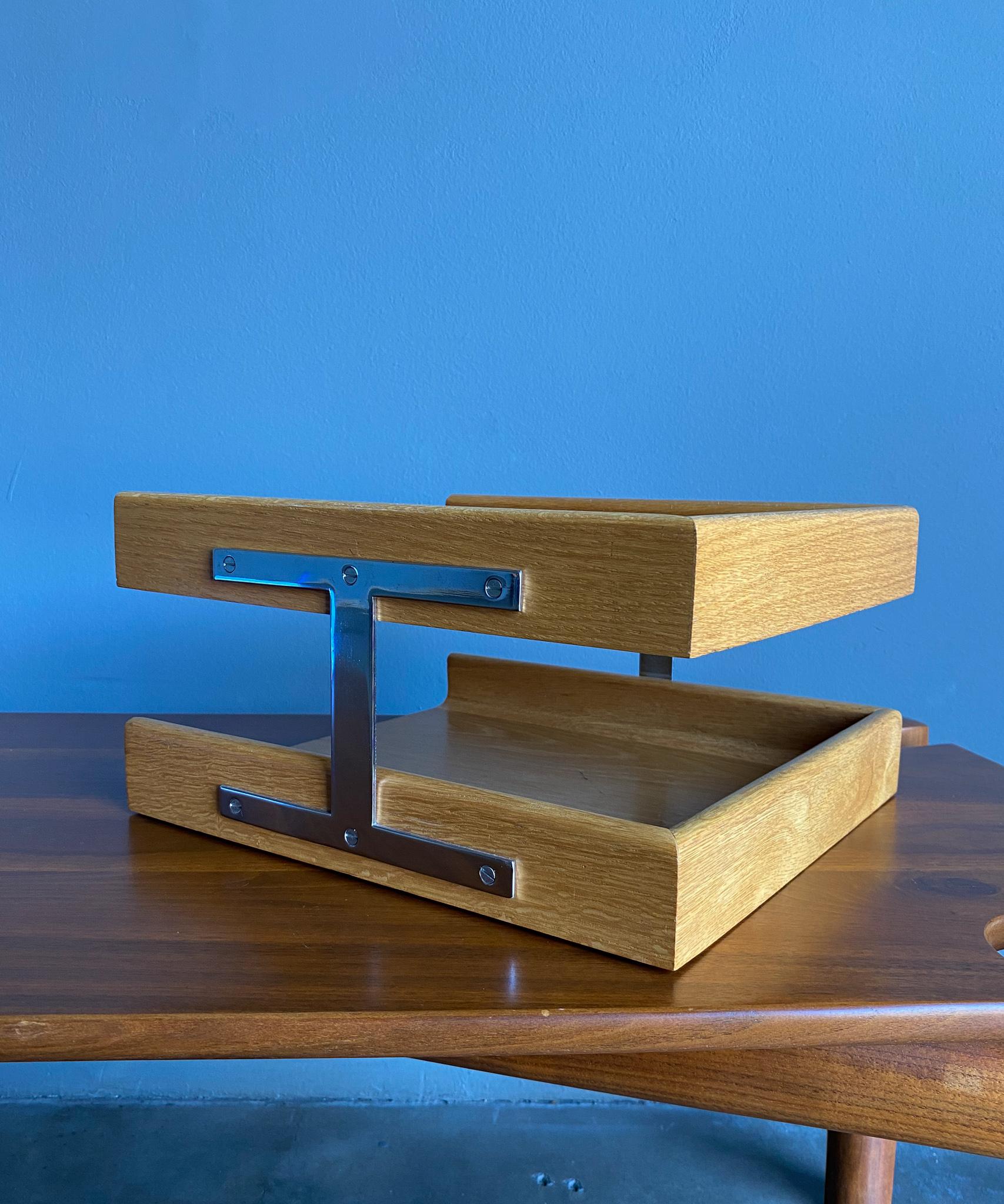 Peter Pepper Oak & Chrome Letter Tray, circa 1970 2