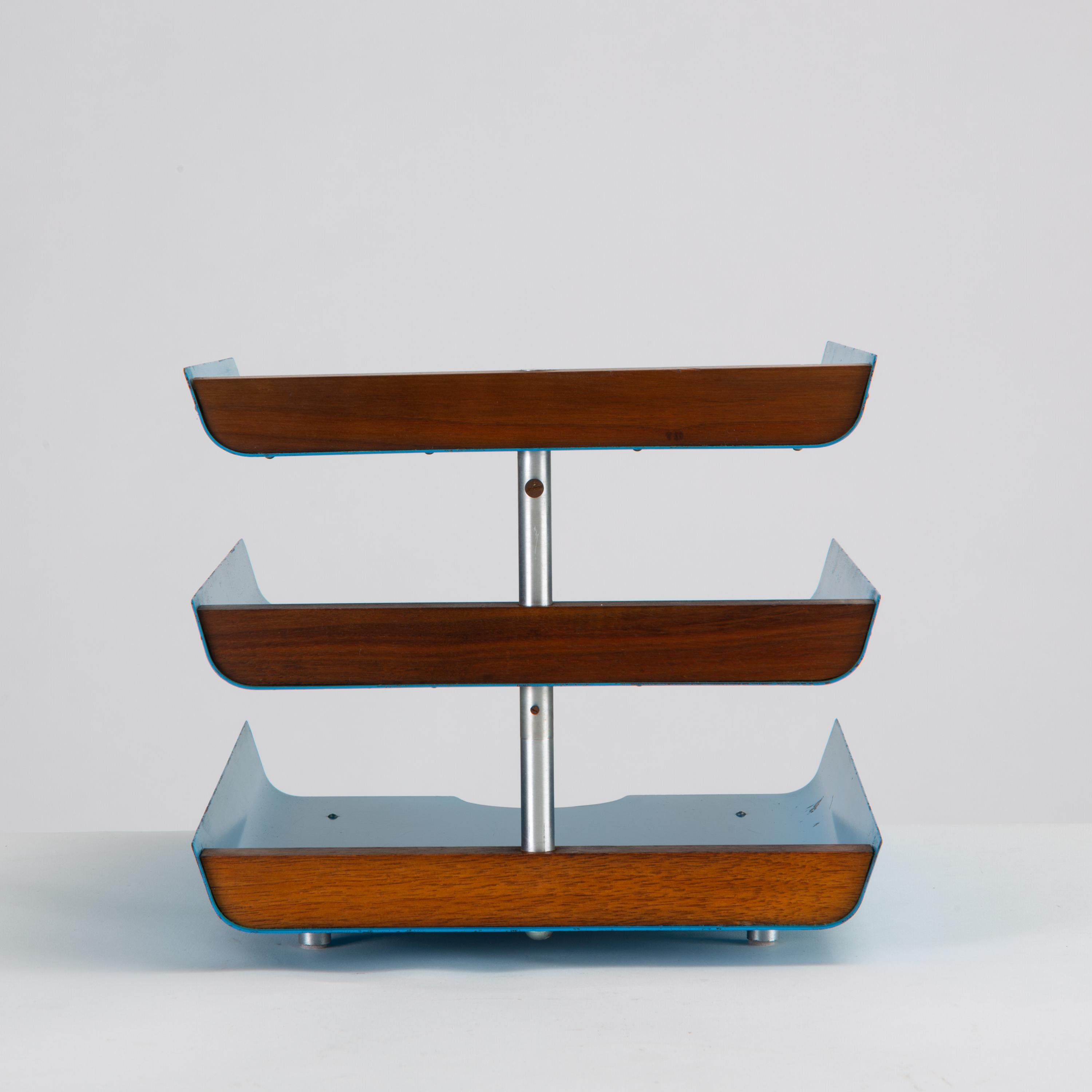 Mid-Century Modern Peter Pepper Products Three-Tiered Paper Tray in Original Blue Enamel