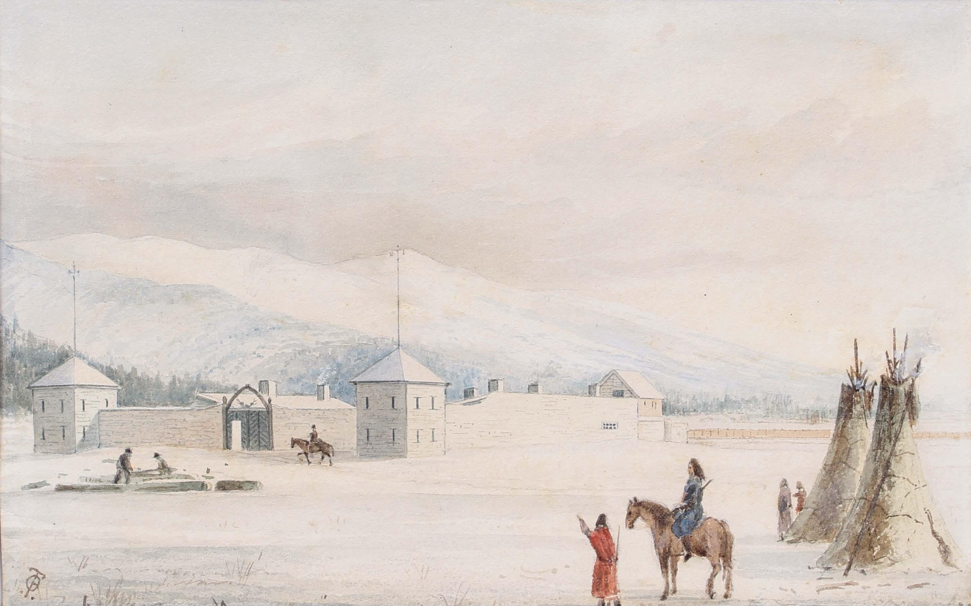 Pittura dei nativi americani 1860 Montana Fort Owen Museum Rara cornice d'oro originale - Painting di Peter Peterson Tofft