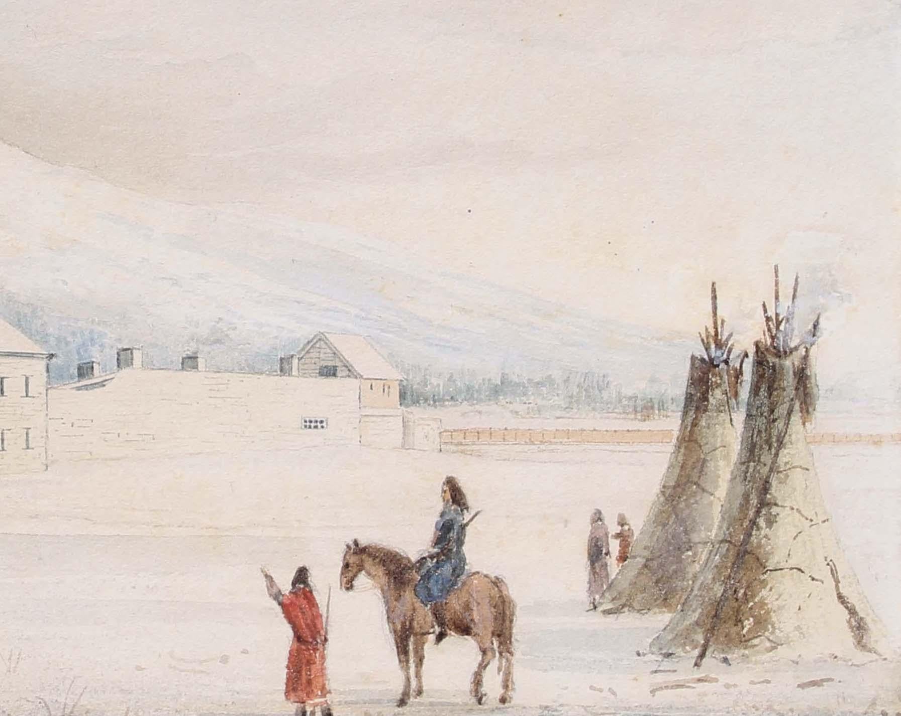 Pittura dei nativi americani 1860 Montana Fort Owen Museum Rara cornice d'oro originale - Landscape Painting Marrone di Peter Peterson Tofft