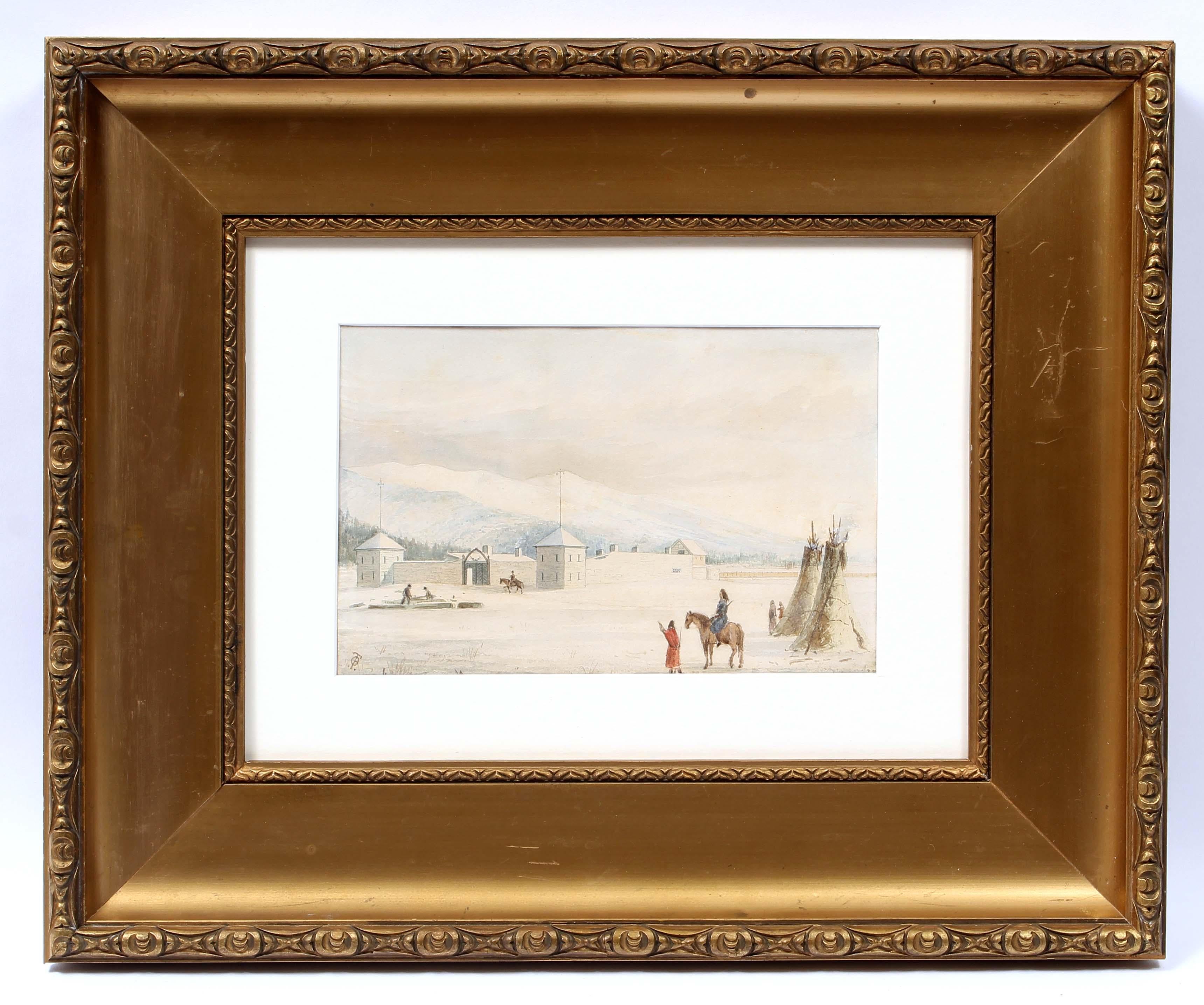 Peinture amérindienne rare du Montana Fort Owen Museum avec cadre en or d'origine, 1860