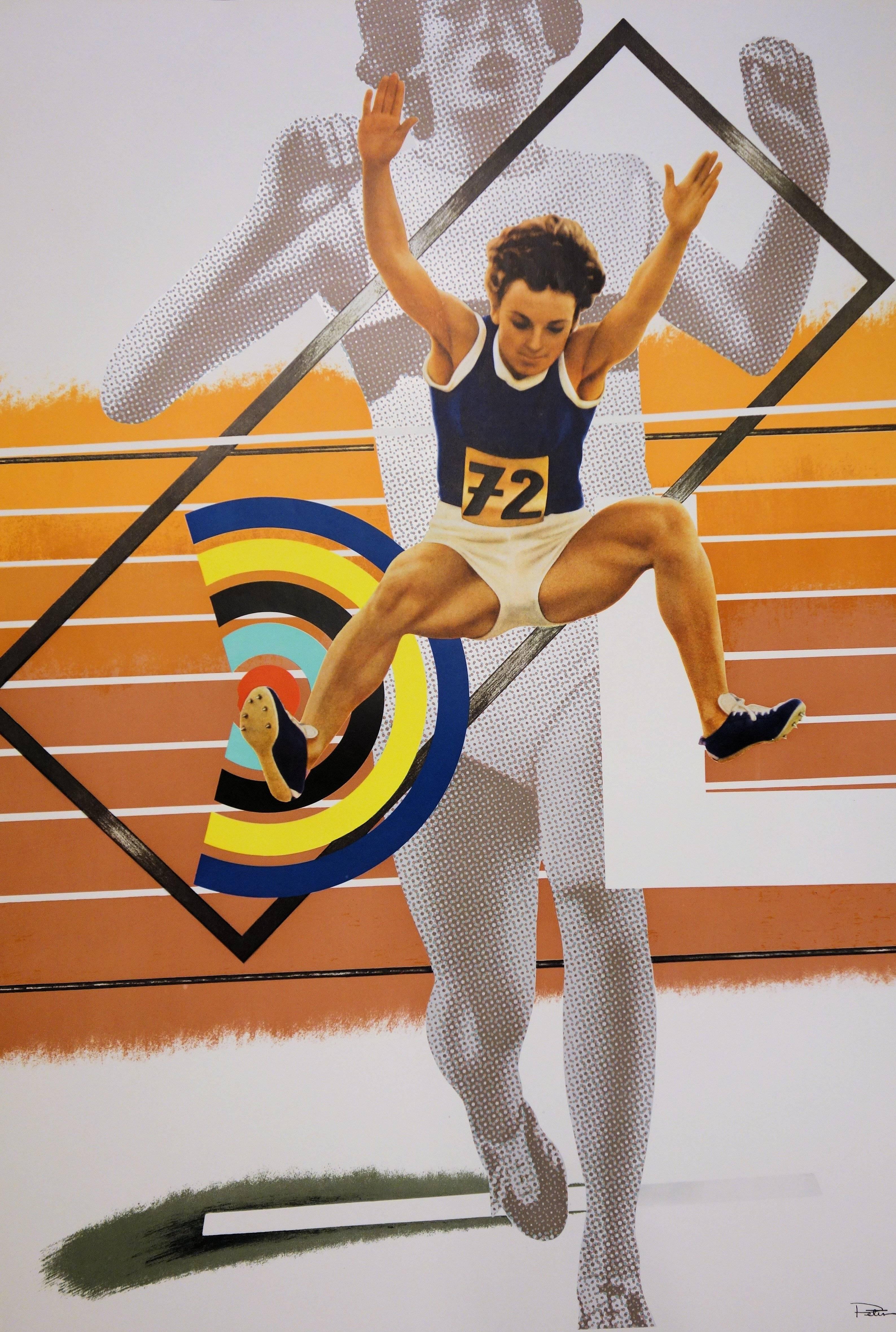 Athletism : Higher, Stronger, Further - Lithograph (Olympic Games Munich 1972) - Beige Abstract Print by Peter Phillips