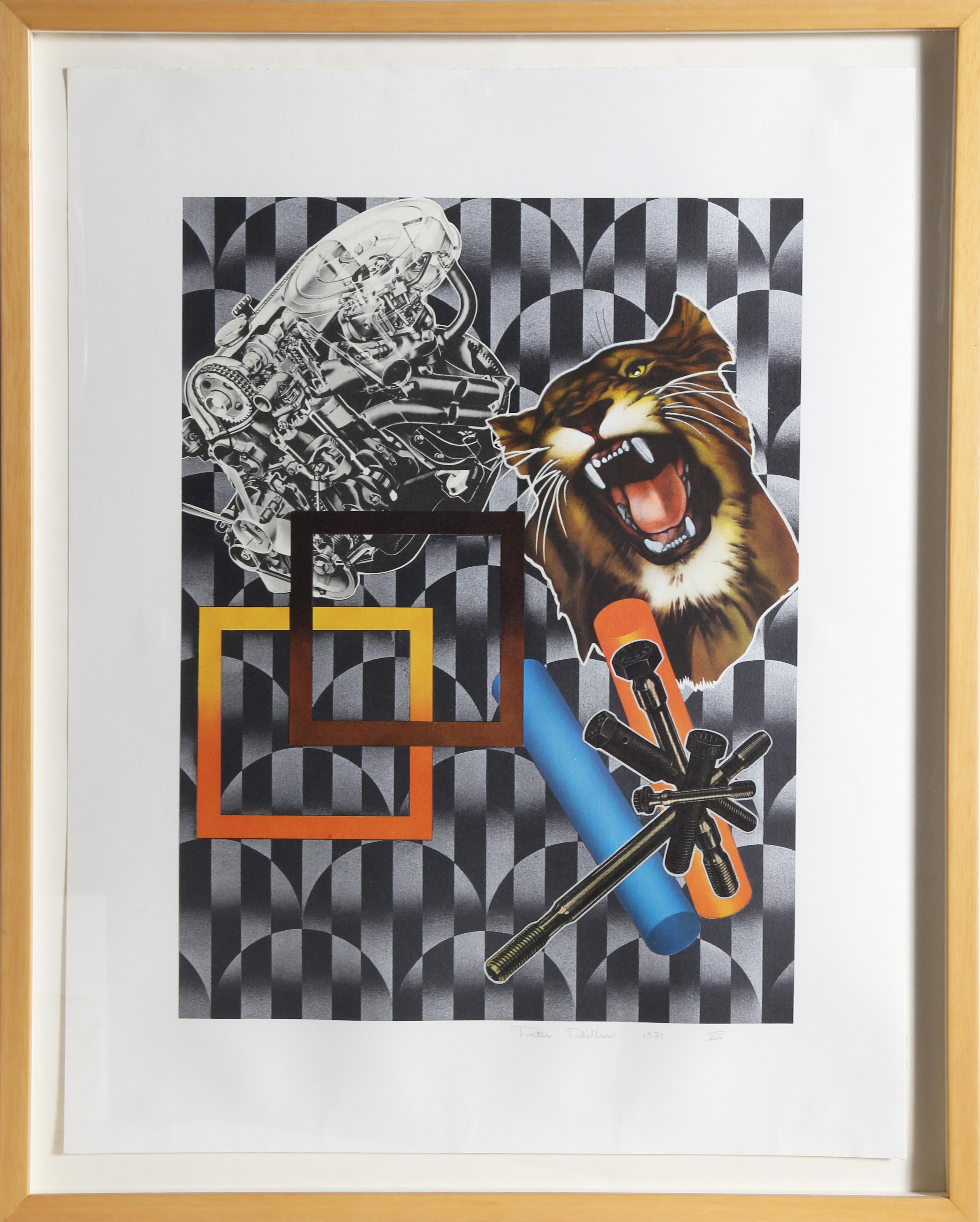 Tiger & Engine by Peter Phillips, British (1939)
Date: 1971
Lithograph, signed and dated in pencil
Edition: AP VII
Size: 19 x 14.25 in. (48.26 x 36.2 cm)
Frame Size: 28.5 x 23 inches