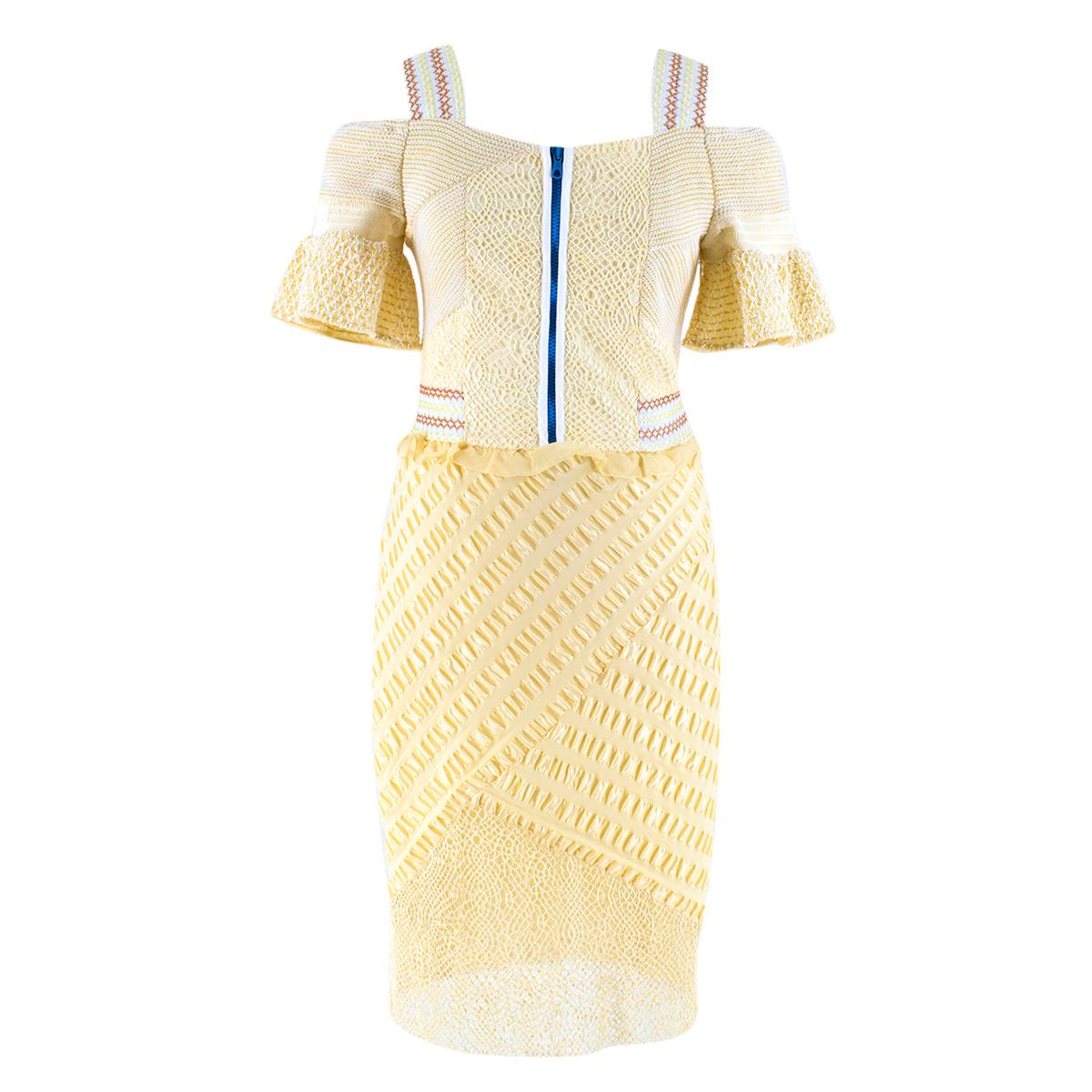 Peter Pilotto Amozon Selene Off-The-Shoulder Lace-Panel Dress

- Off-the-shoulder Dress
- Brand color: Lemon Yellow
- Lace paneled 
- Embroidered straps and details 
- Blue zip fastening closure at front 
- Zip fastening closure in side seam. 
- 67%