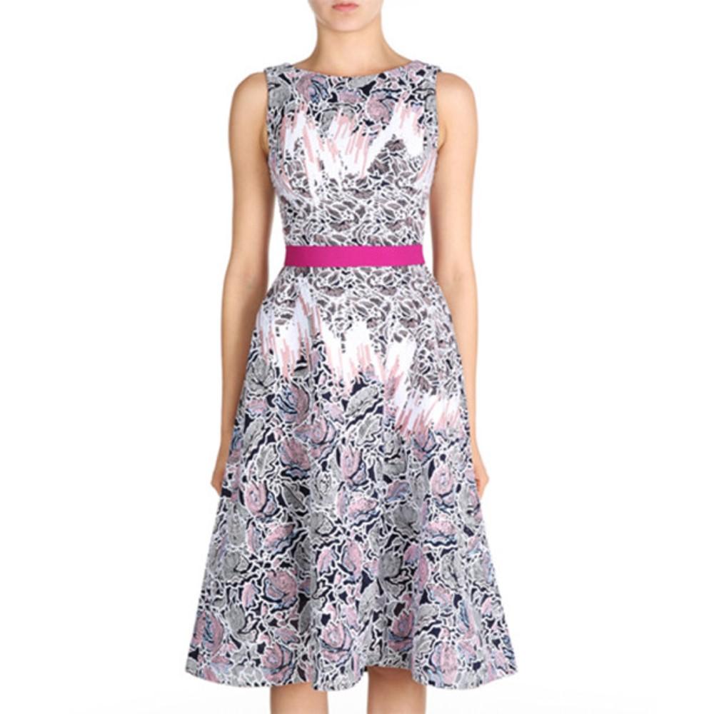 Designed with the utmost style, this Peter Pilotto dress is absolute perfection. Its round neckline and sleeveless top is coupled with a dark pink waist contrasting its black, light pink, and white print. This item does not include the accessories