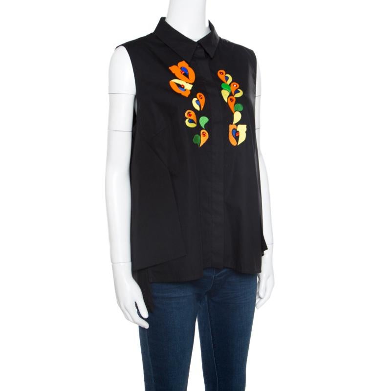 Peter Pilotto Black Embroidered Embellished Cotton Sleeveless Blouse L In Good Condition In Dubai, Al Qouz 2