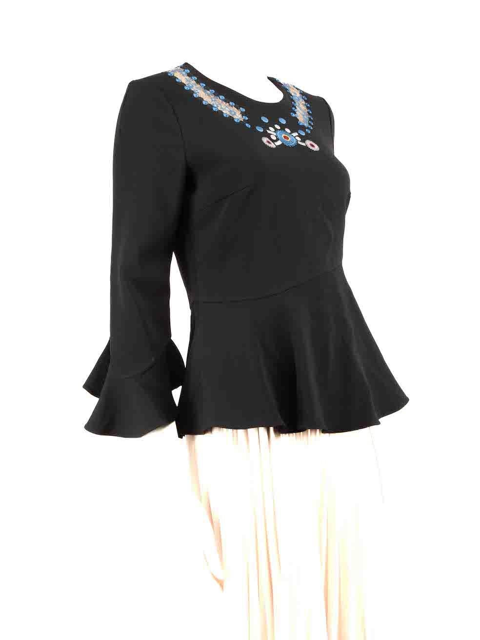 CONDITION is Very good. Hardly any visible wear to top is evident on this used Peter Pilotto designer resale item.
 
 Details
 Black
 Synthetic
 Top
 Long sleeves
 Round neck
 Blue embroidered neckline detail
 Flared hem
 Back zip fastening
 
 

