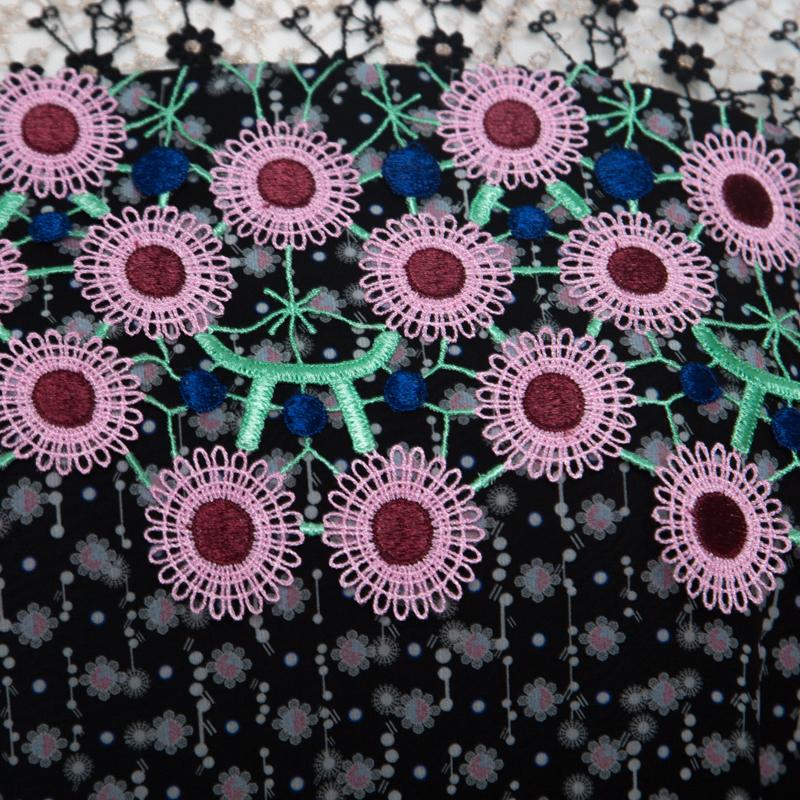 Women's Peter Pilotto Black Floral Print Lace Paneled Ruffled Silk Georgette Dress S