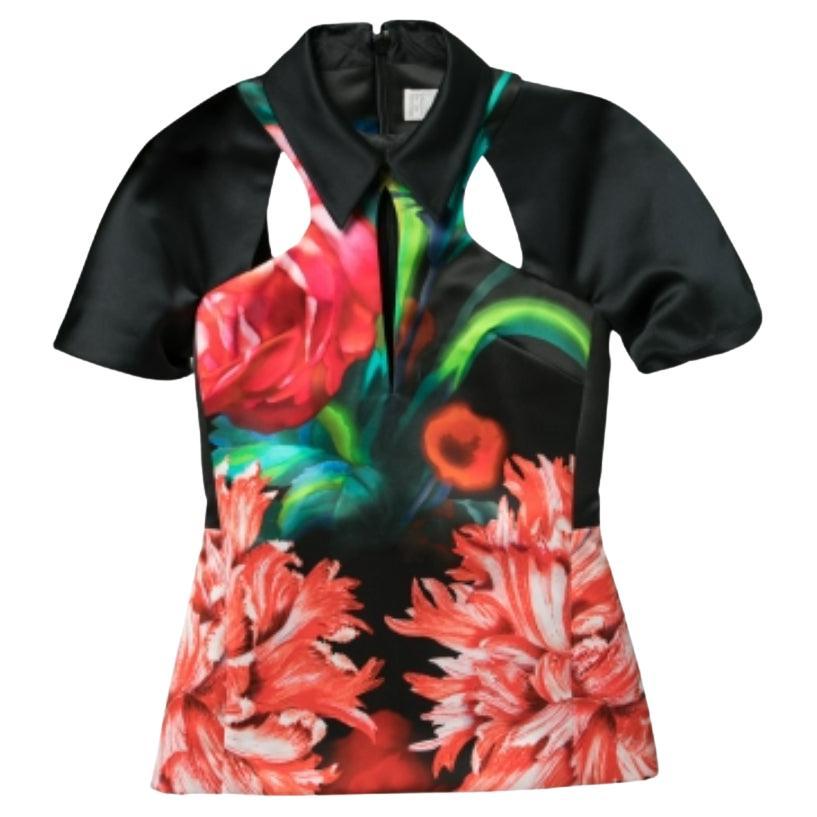 Peter Pilotto Black Floral Printed Satin Cut-Out Detail Top S in vendita