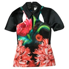 Peter Pilotto Black Floral Printed Satin Cut-Out Detail Top S