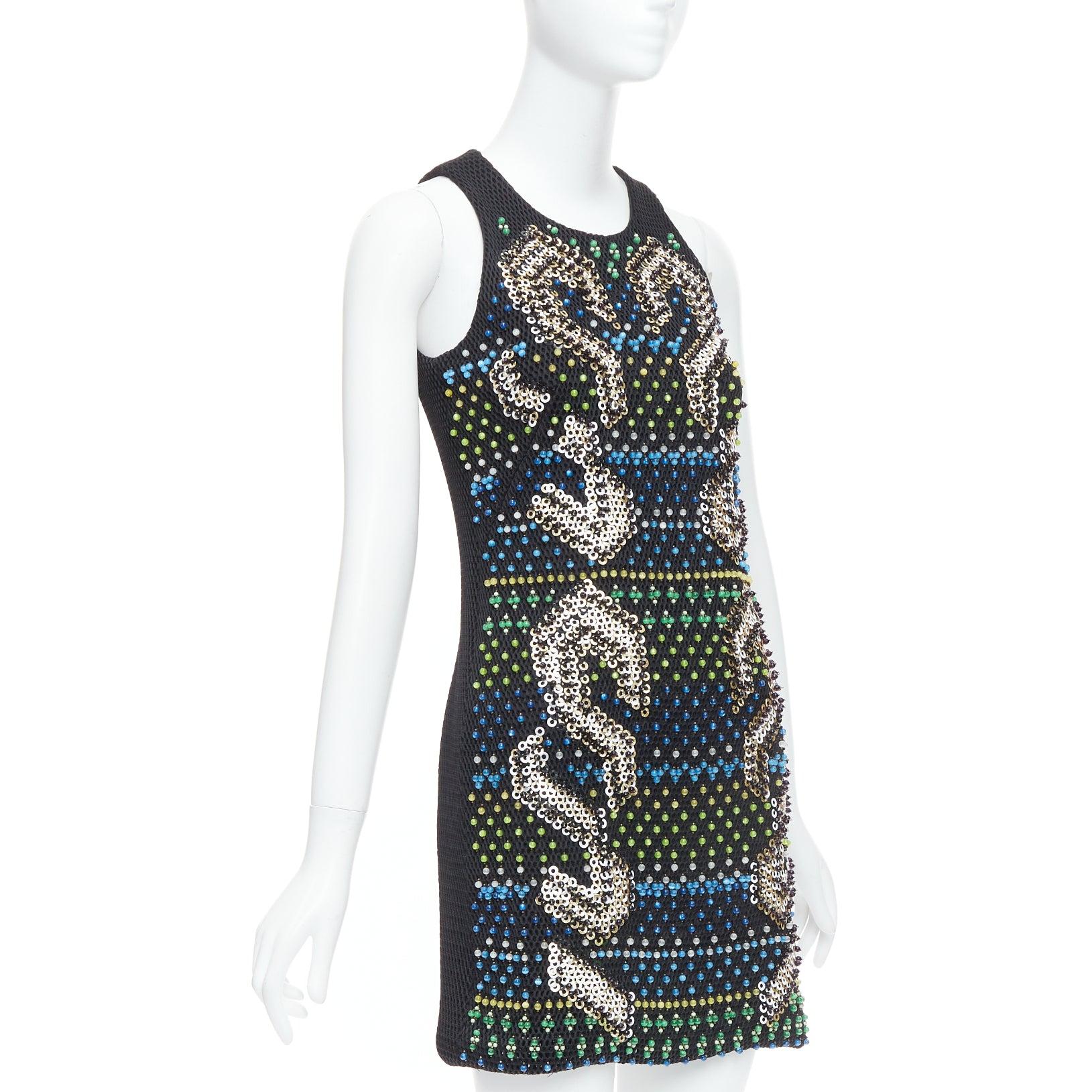 Black PETER PILOTTO black green beads embellished scuba mini dress UK8 S For Sale