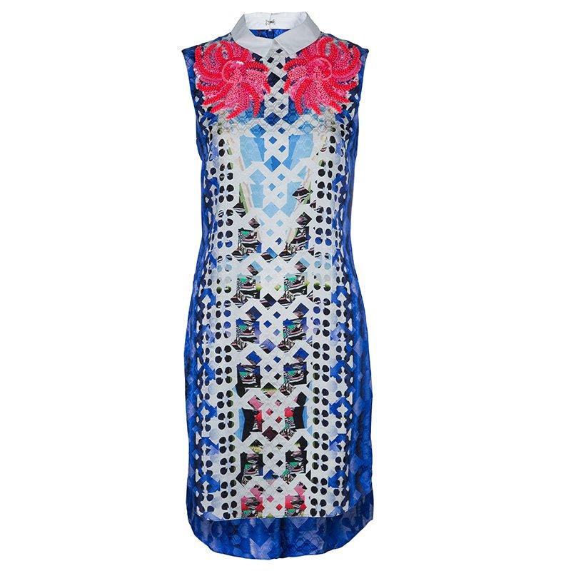 Gray Peter Pilotto Blue Digital Print Neon Sequin Embellished Sleeveless Dress S