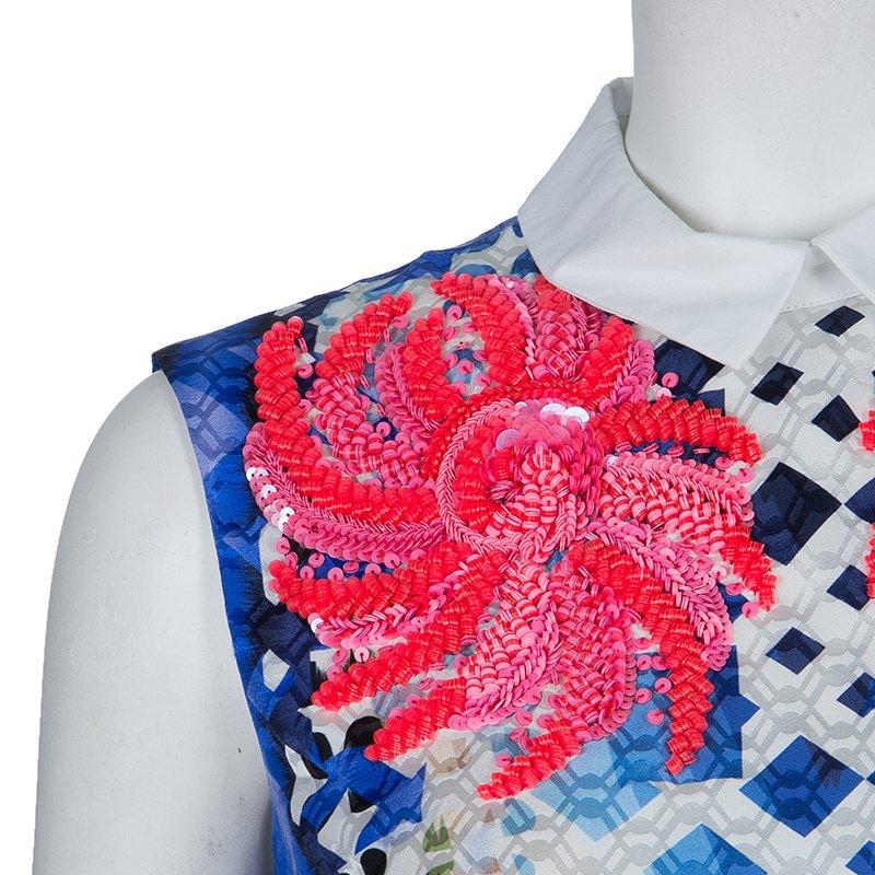 Peter Pilotto Blue Digital Print Neon Sequin Embellished Sleeveless Dress S 1