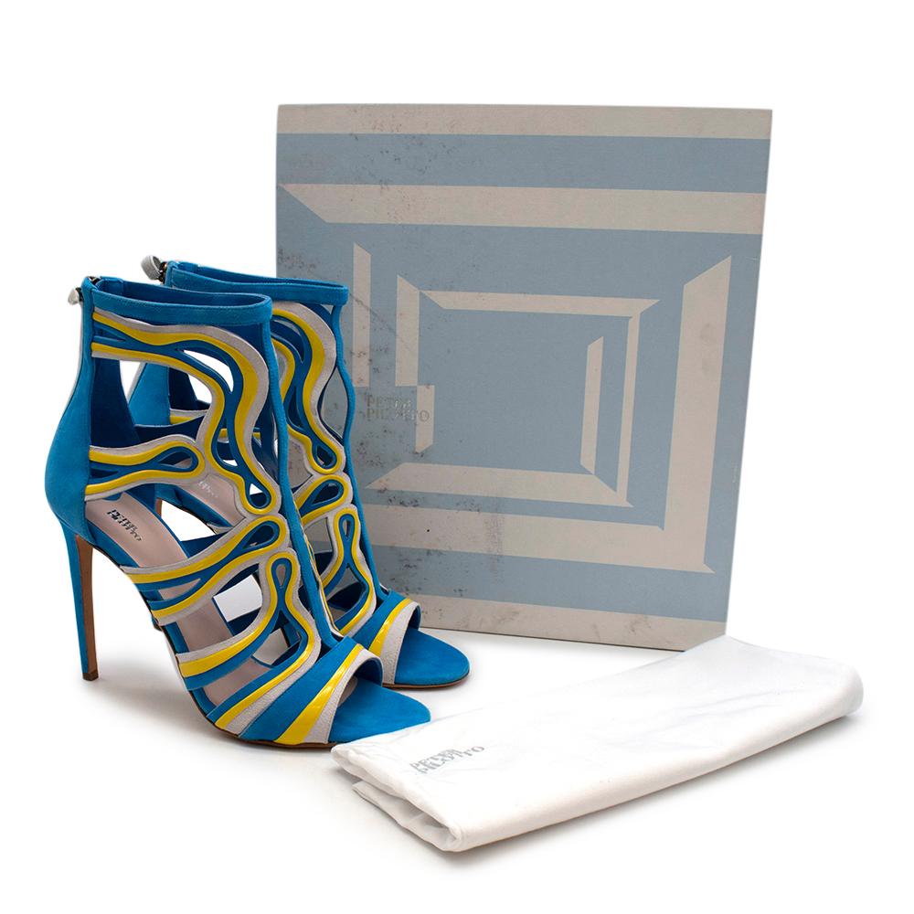 Peter Pilotto Cage Leather and Suede Sandals 

- Cobalt-blue, suede
- Open toe 
- Suede covered high-heel
- Tonal-blue and yellow 
- Cut-out front
- Centre-back heel-zip
- Cobalt-blue suede and leather lining
- Nude leather insole
- Nude