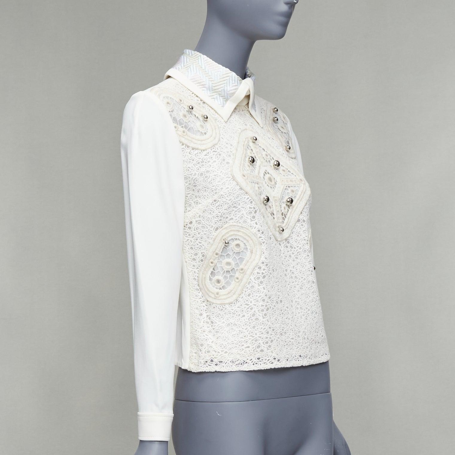 Gray PETER PILOTTO cream wool blend lace dome beaded blouse UK8 S For Sale