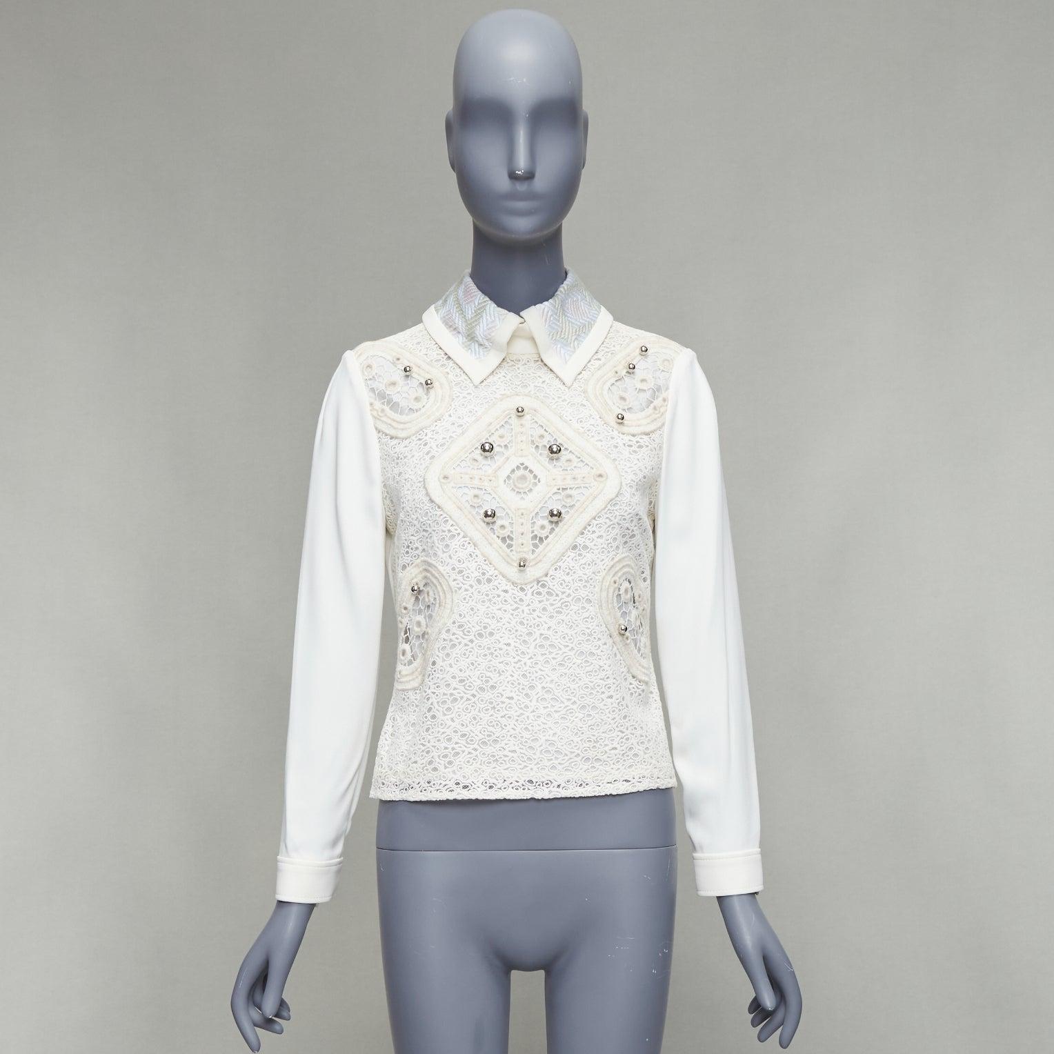 PETER PILOTTO cream wool blend lace dome beaded blouse UK8 S For Sale 4
