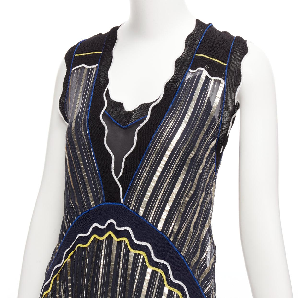 PETER PILOTTO gold metallic blue yellow trim pleated V-neck knee dress XS
Reference: NKLL/A00189
Brand: Peter Pilotto
Material: Viscose, Blend
Color: Gold, Blue
Pattern: Striped
Closure: Slip On
Lining: Black Fabric
Extra Details: Lining can be worn