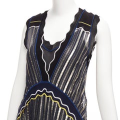 PETER PILOTTO gold metallic blue yellow trim pleated V-neck knee dress XS