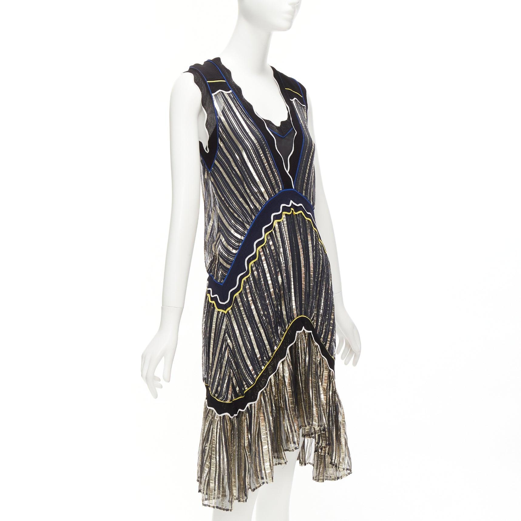 PETER PILOTTO gold metallic blue yellow trim pleated V-neck knee dress XS In Good Condition For Sale In Hong Kong, NT