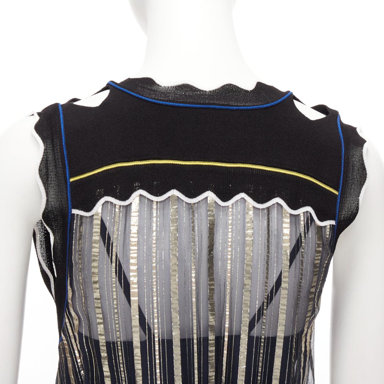 PETER PILOTTO gold metallic blue yellow trim pleated V-neck knee dress XS For Sale 3