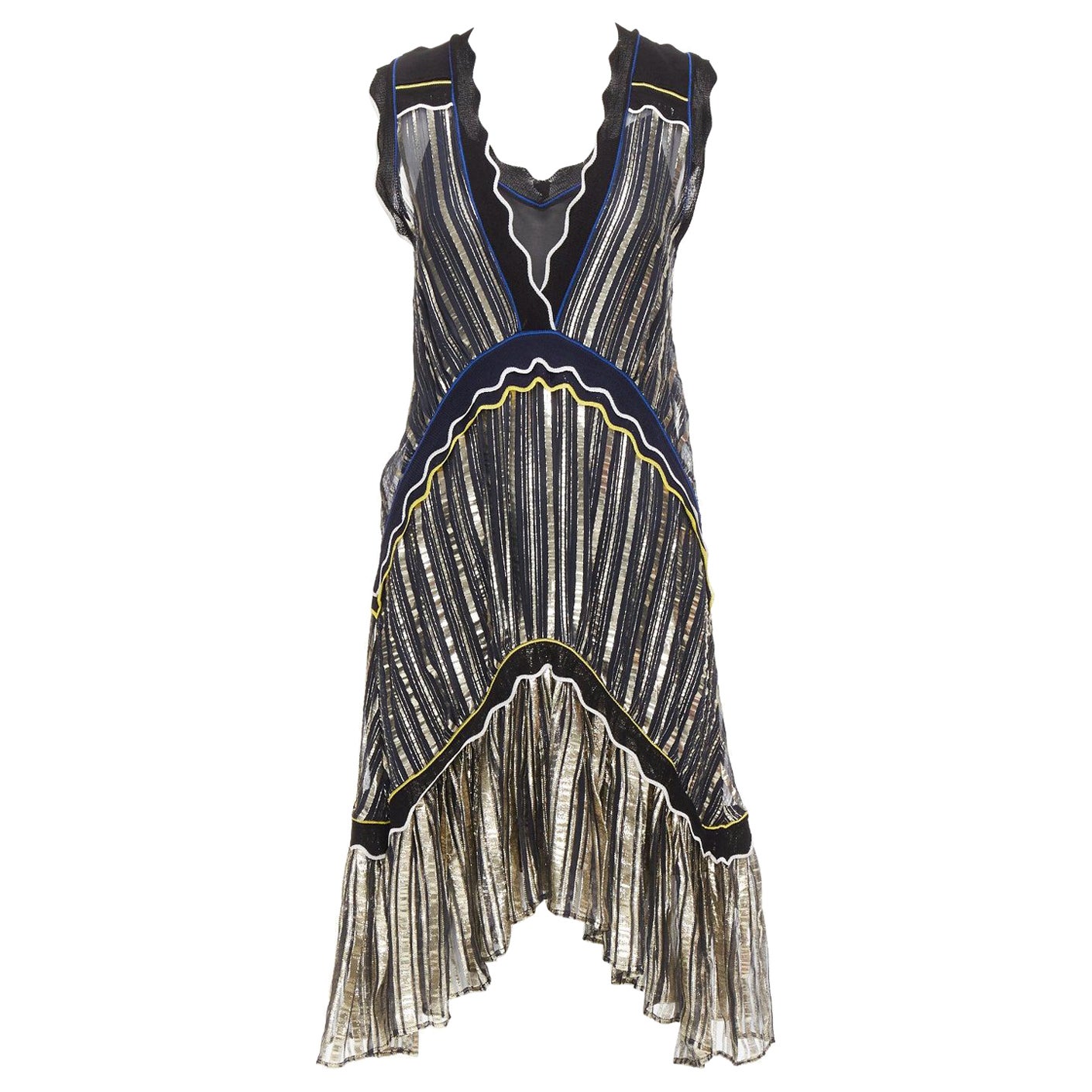 PETER PILOTTO gold metallic blue yellow trim pleated V-neck knee dress XS