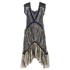 PETER PILOTTO gold metallic blue yellow trim pleated V-neck knee dress XS
