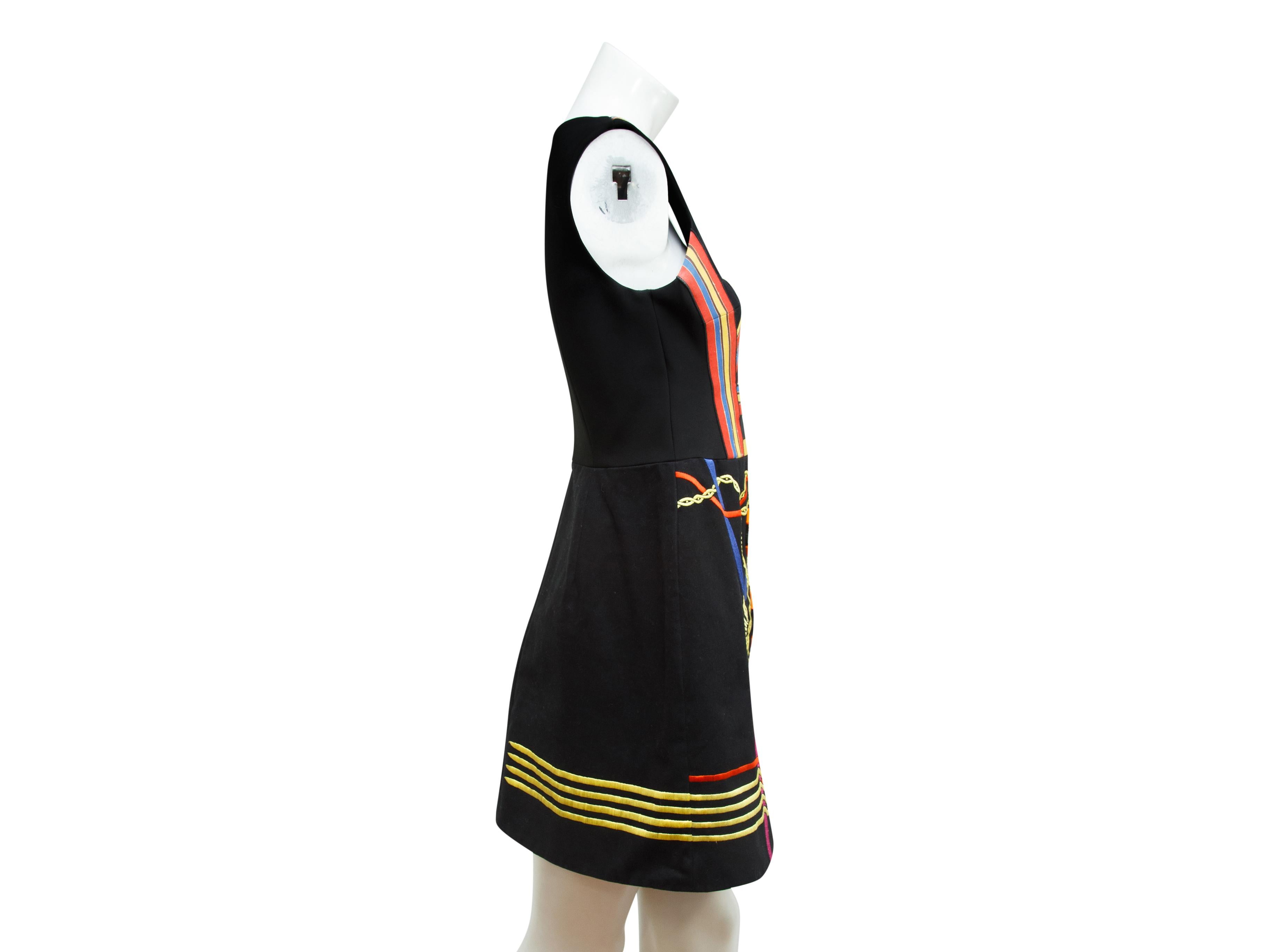 Product details:  Multicolor embroidered fit-and-flare dress by Peter Pilotto.  V-neck.  Sleeveless.  Concealed back zip closure.  32