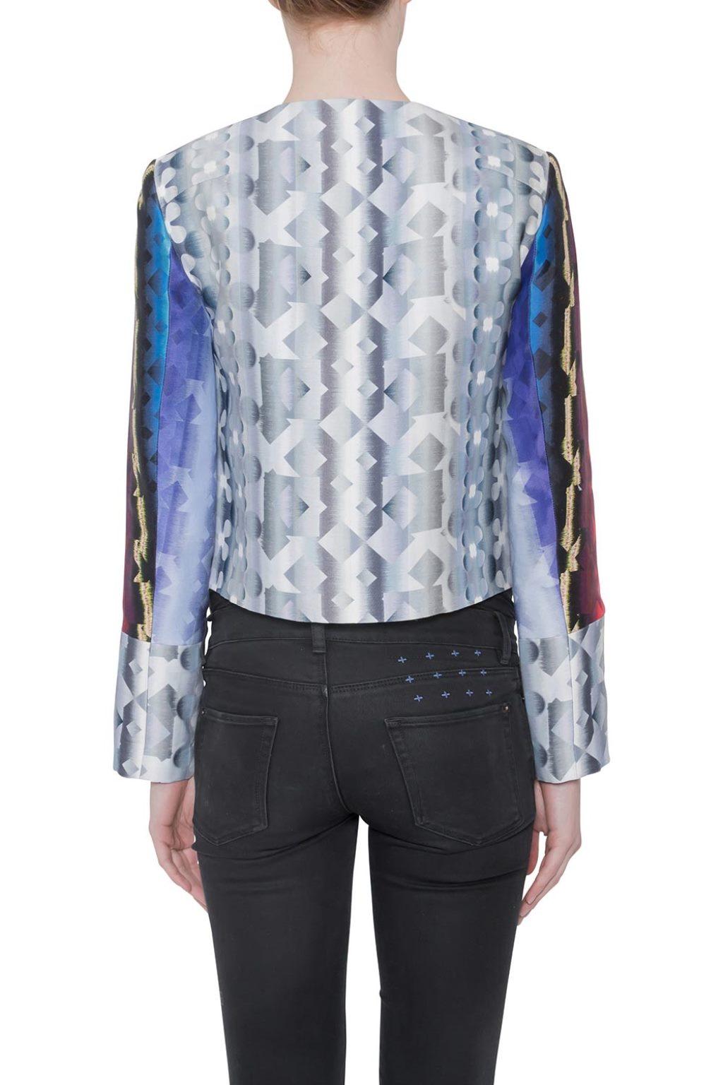 Isn't this jacket a unique creation. Made by Peter Pilotto, it has enticing geometric kaleidoscope print. The multicolor Box jacket features long sleeves and button front closure. Launched as a part of the Resort 2013 collection, it will be your