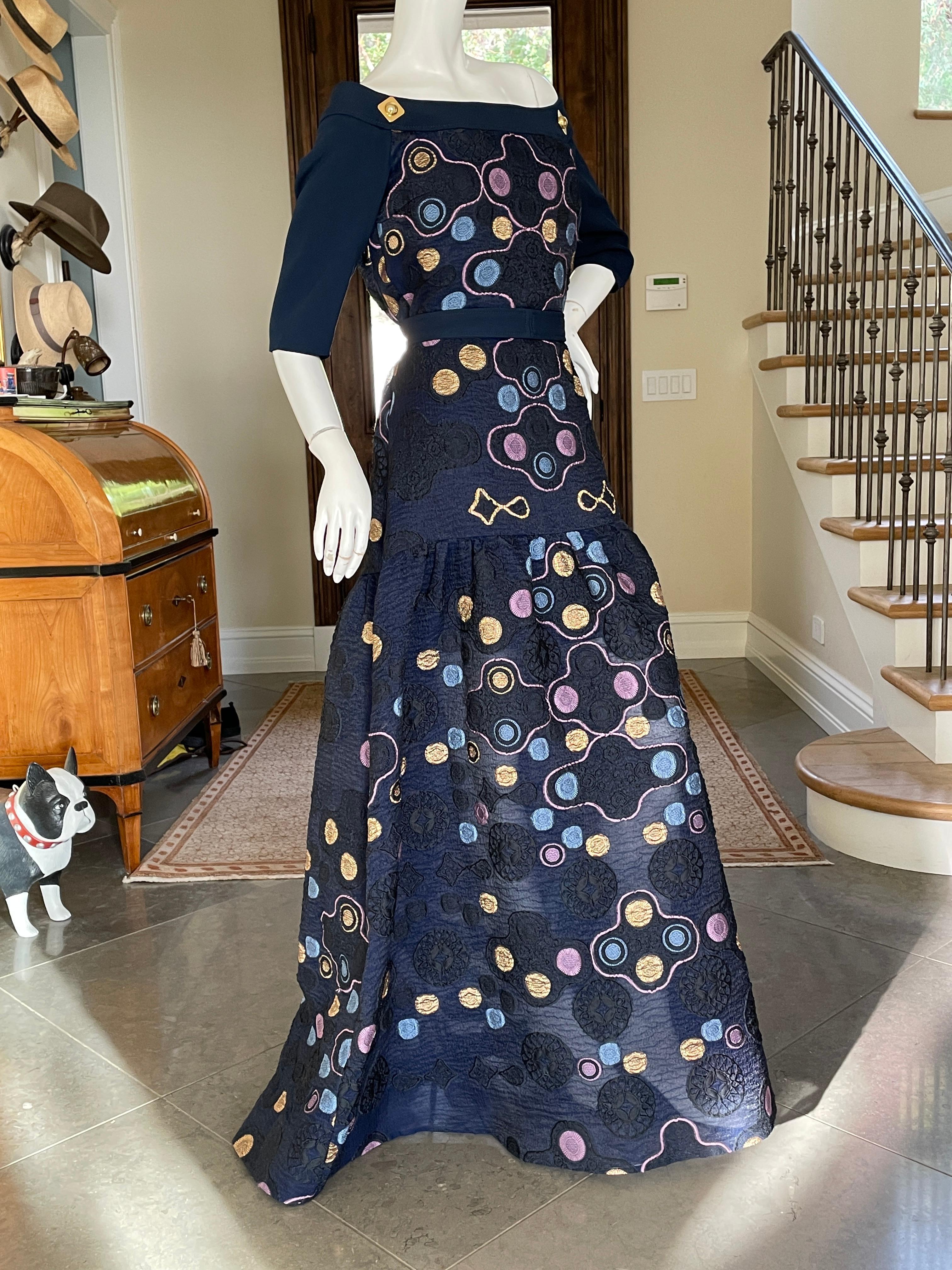 Women's Peter Pilotto Navy Blue Embroidered Lace Evening Gown For Sale