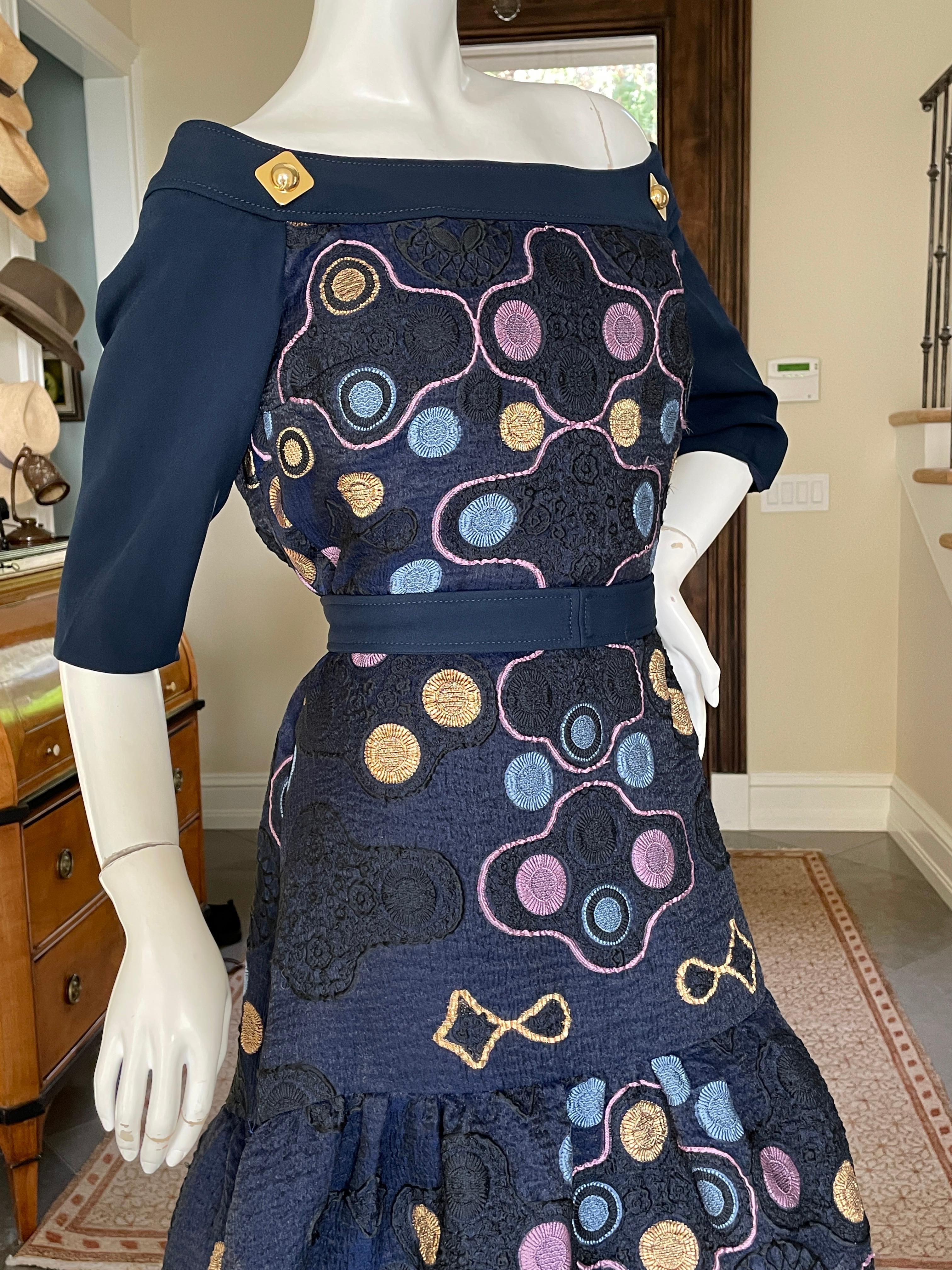 Peter Pilotto Navy Blue Embroidered Lace Evening Gown For Sale 2