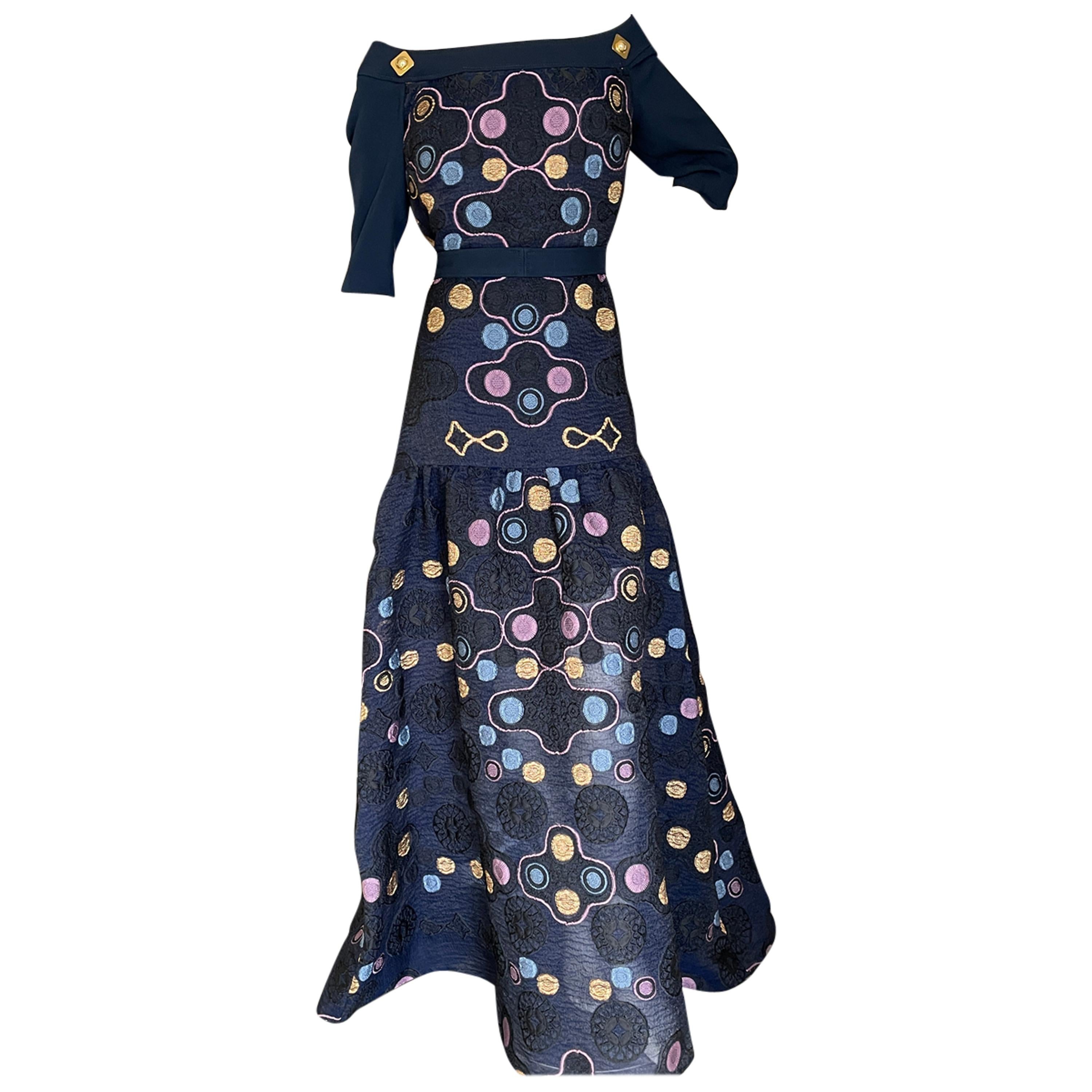 Peter Pilotto Navy Blue Embroidered Lace Evening Gown For Sale