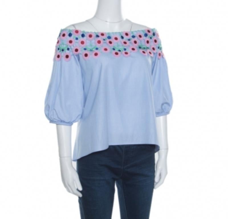 Peter Pilotto Pallas Himmelblau Guipure-Spitzenbesatz schulterfreies Top S Damen im Angebot