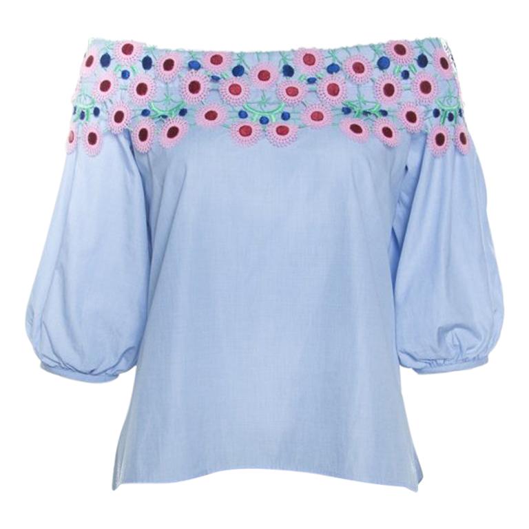 Peter Pilotto Pallas Sky Blue Guipure Lace Trim Off Shoulder Top S